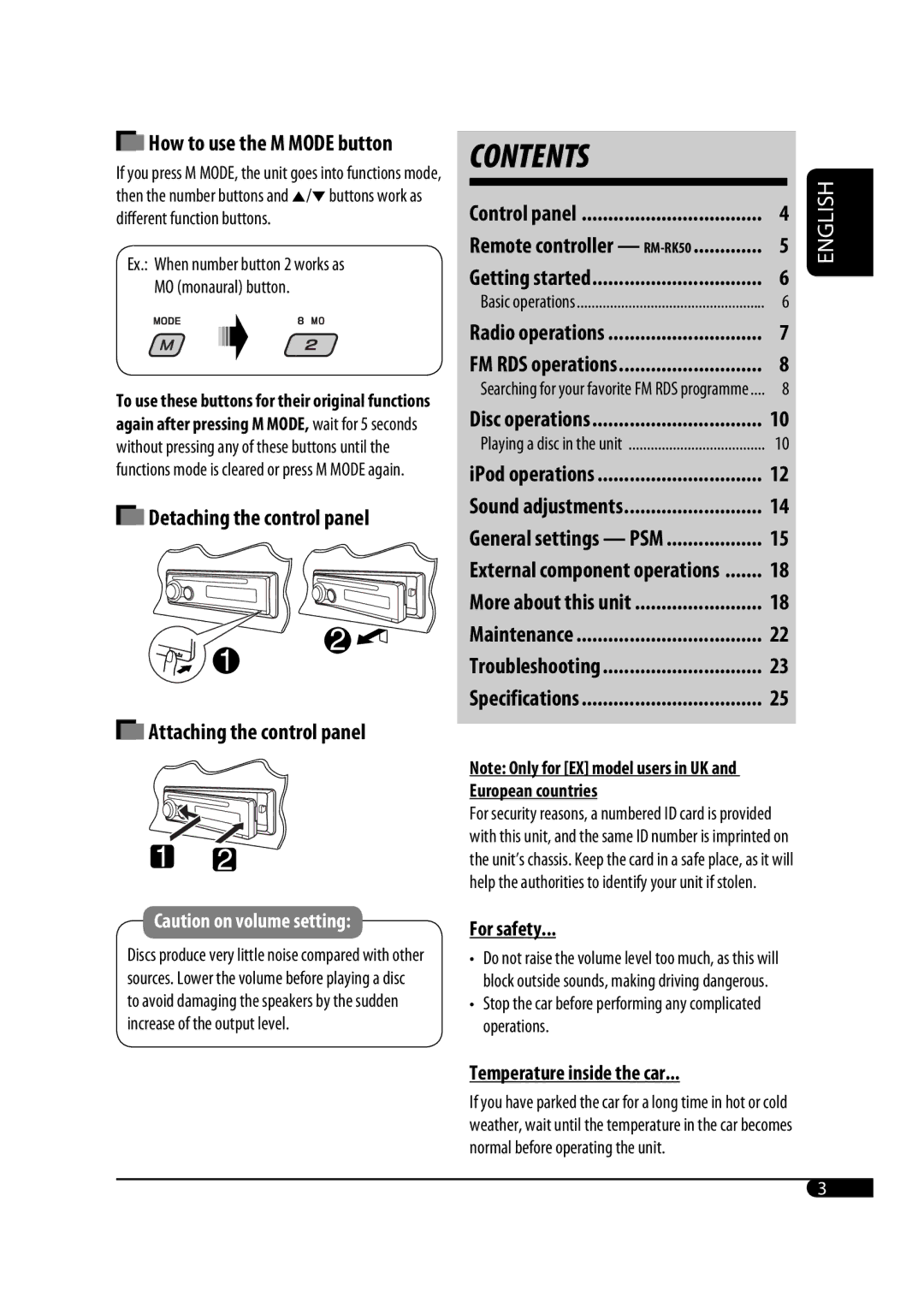 JVC GET0467-001A Attaching the control panel, How to use the M Mode button, Detaching the control panel, Control panel 