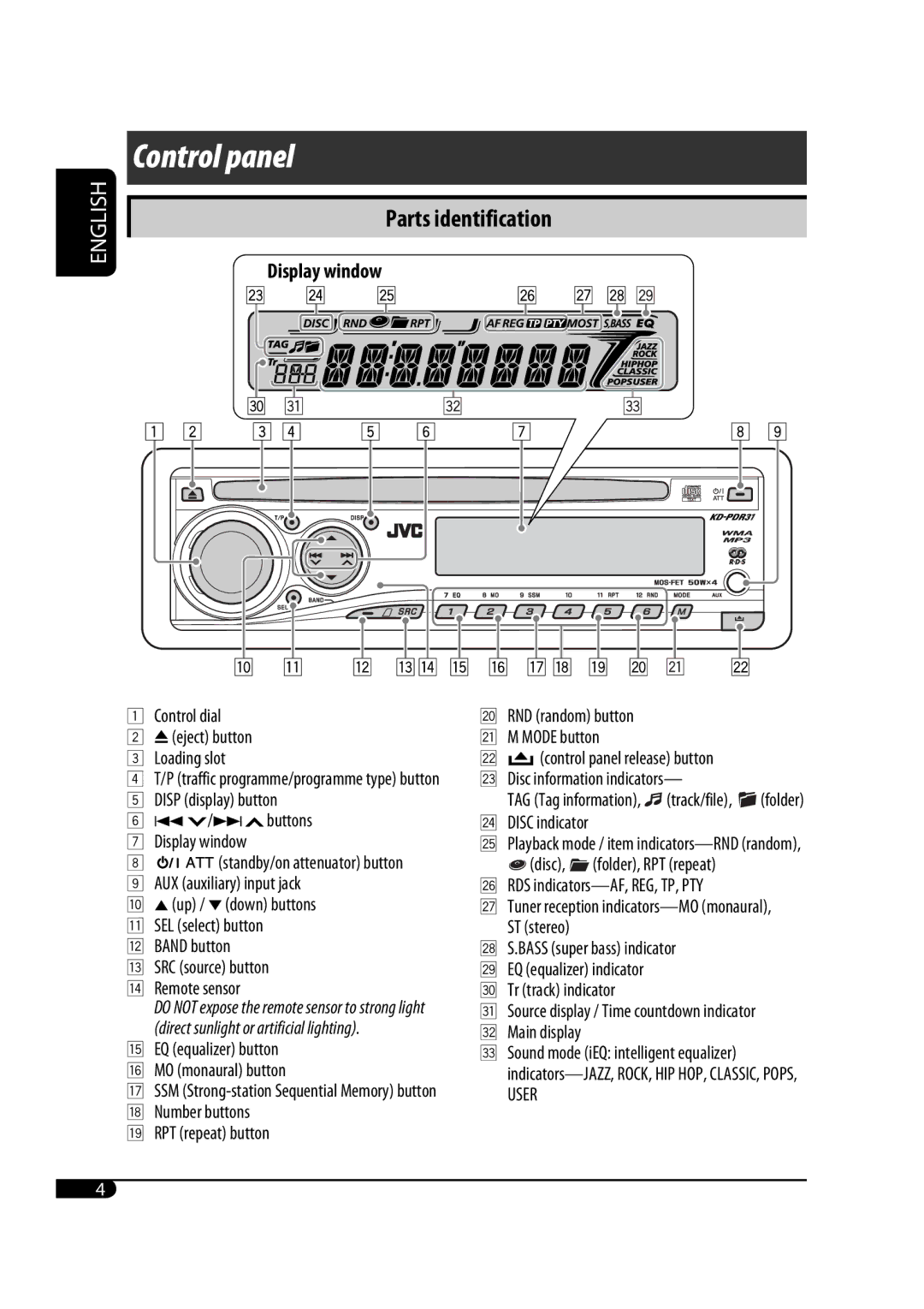 JVC GET0467-001A manual Control dial 0eject button Loading slot, Disp display button ¢ buttons Display window 