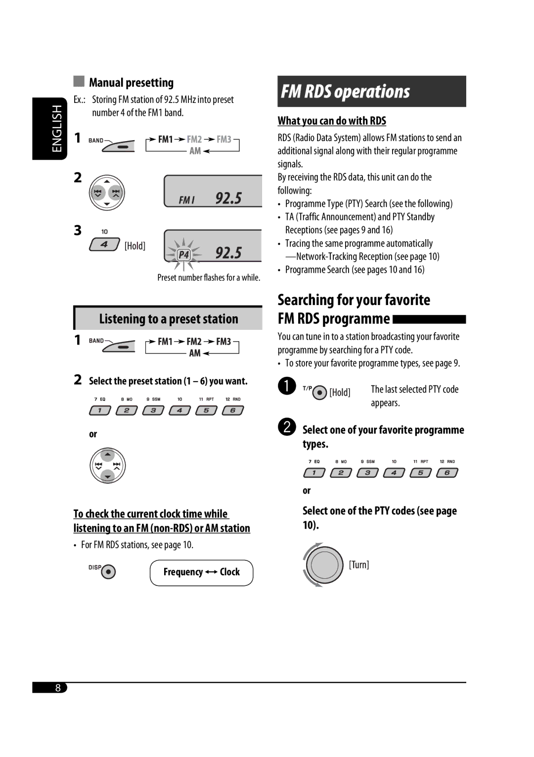 JVC GET0467-001A manual What you can do with RDS, Searching for your favorite FM RDS programme, Frequency ÔClock 