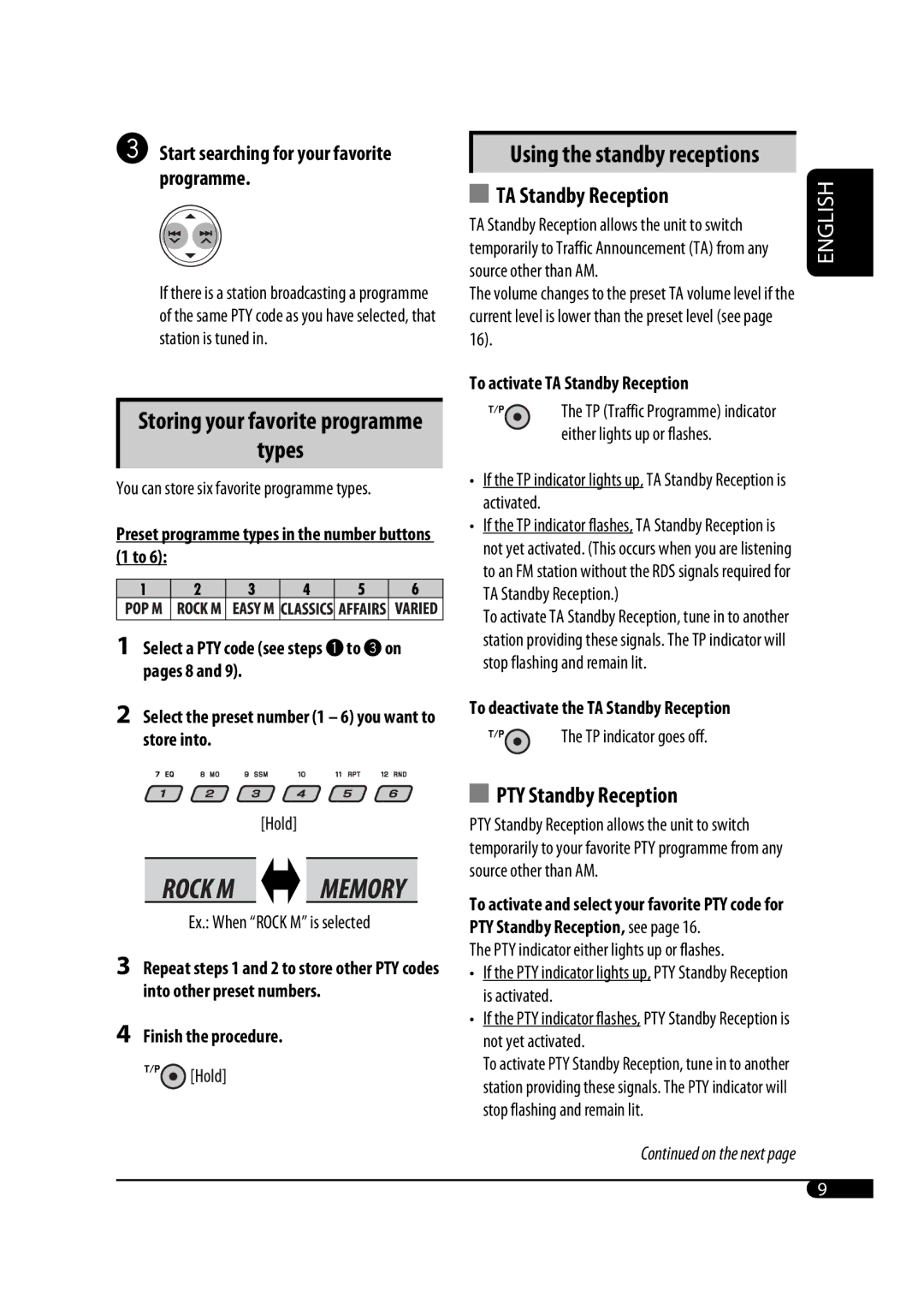 JVC GET0467-001A manual TA Standby Reception, PTY Standby Reception, Using the standby receptions 