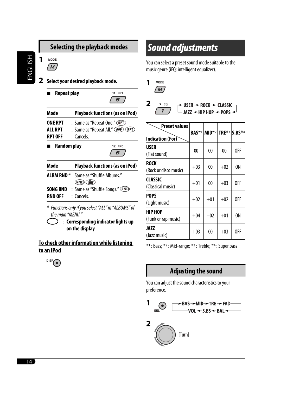 JVC GET0467-001A manual Selecting the playback modes, Random play Mode, Indication For 