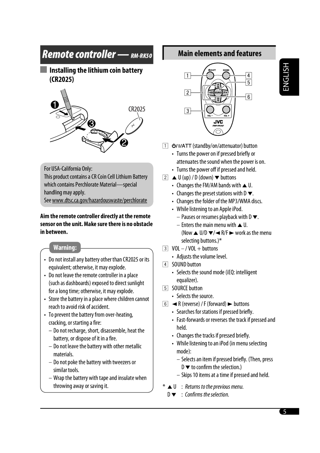 JVC GET0467-001A manual Installing the lithium coin battery CR2025, For USA-California Only, Standby/on/attenuator button 