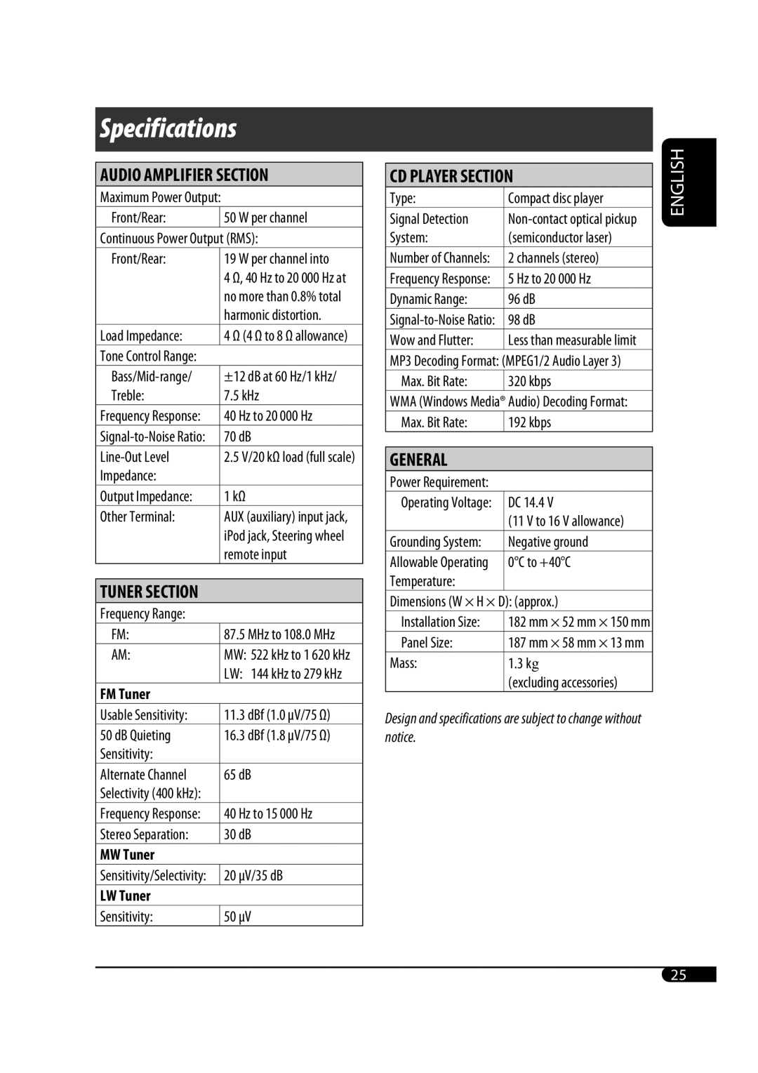 JVC GET0467-001A Treble KHz, 70 dB, Line-Out Level, Impedance, Remote input, Frequency Range, Max. Bit Rate Kbps, Mass 