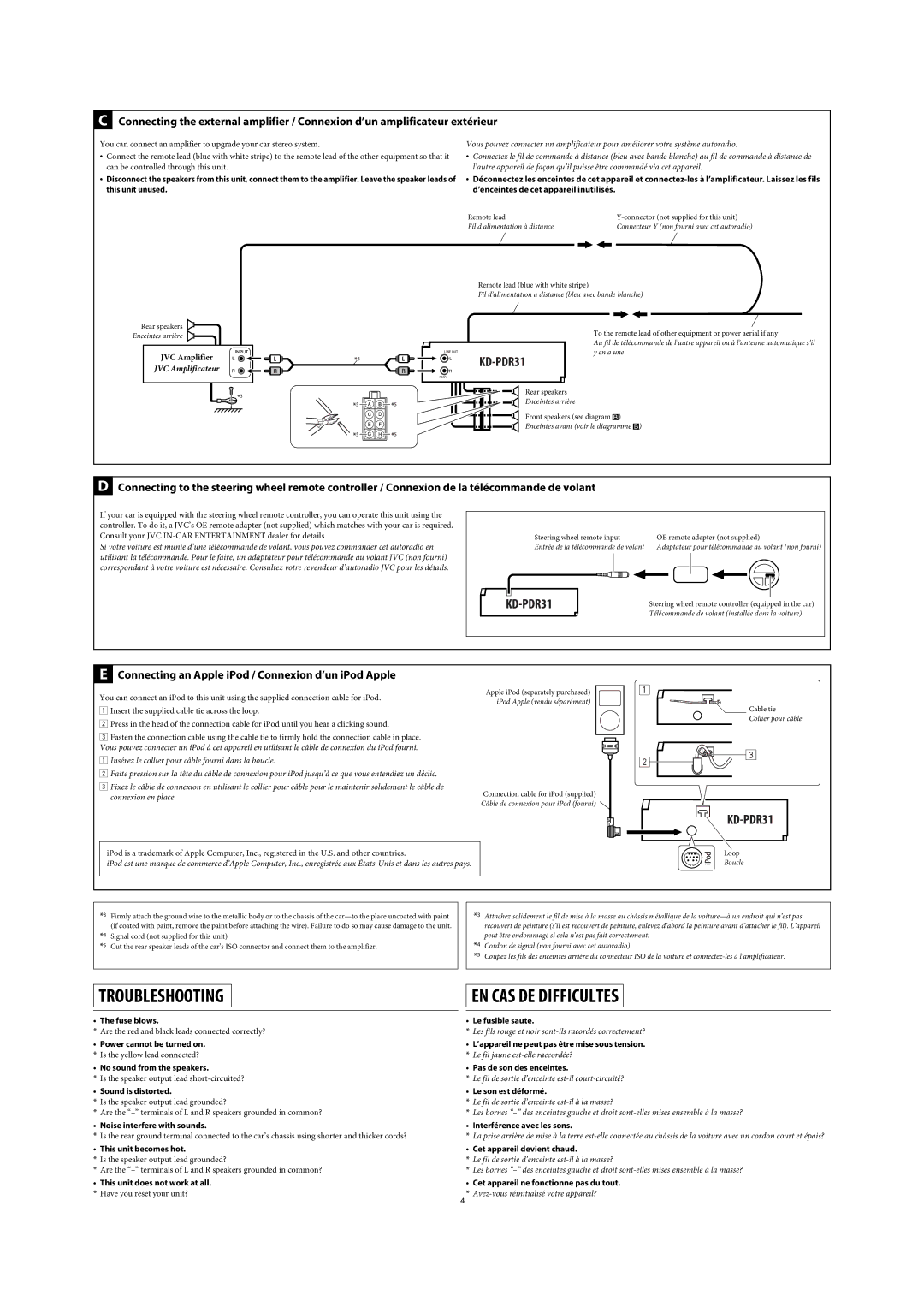 JVC GET0467-001A manual EN CAS DE Difficultes, Connecting an Apple iPod / Connexion d’un iPod Apple 