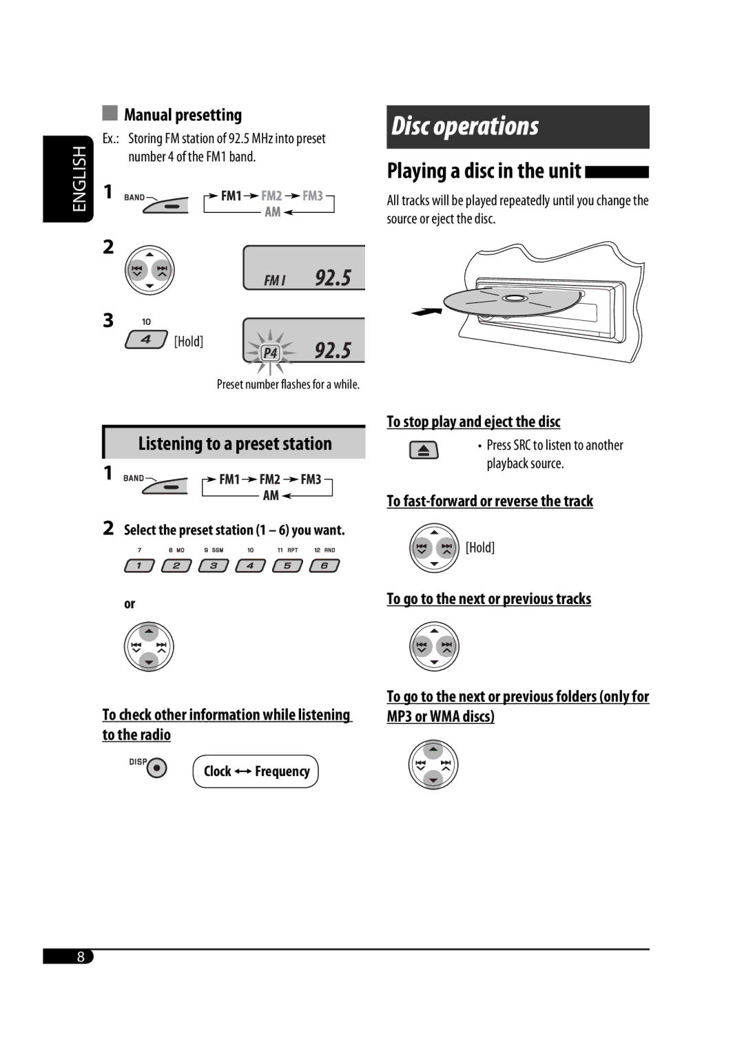 JVC GET0467-001A Manual presetting, Listening to a preset station, To check other information while listening to the radio 