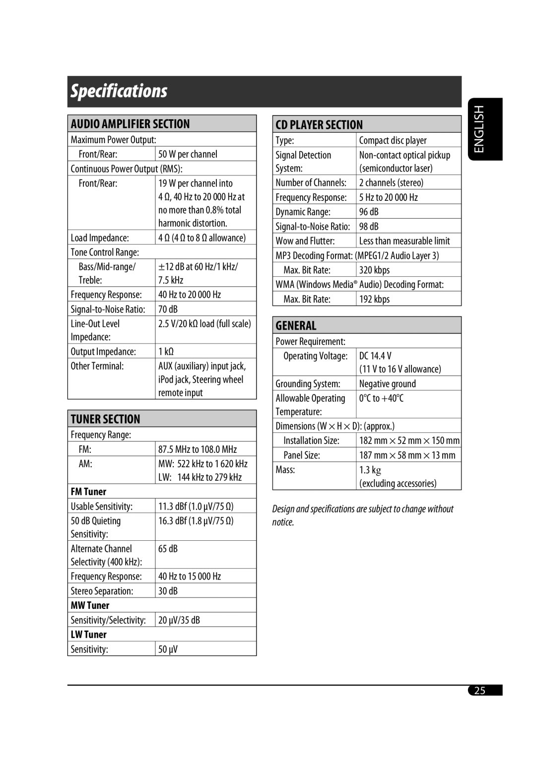 JVC GET0467-001A manual Specifications 