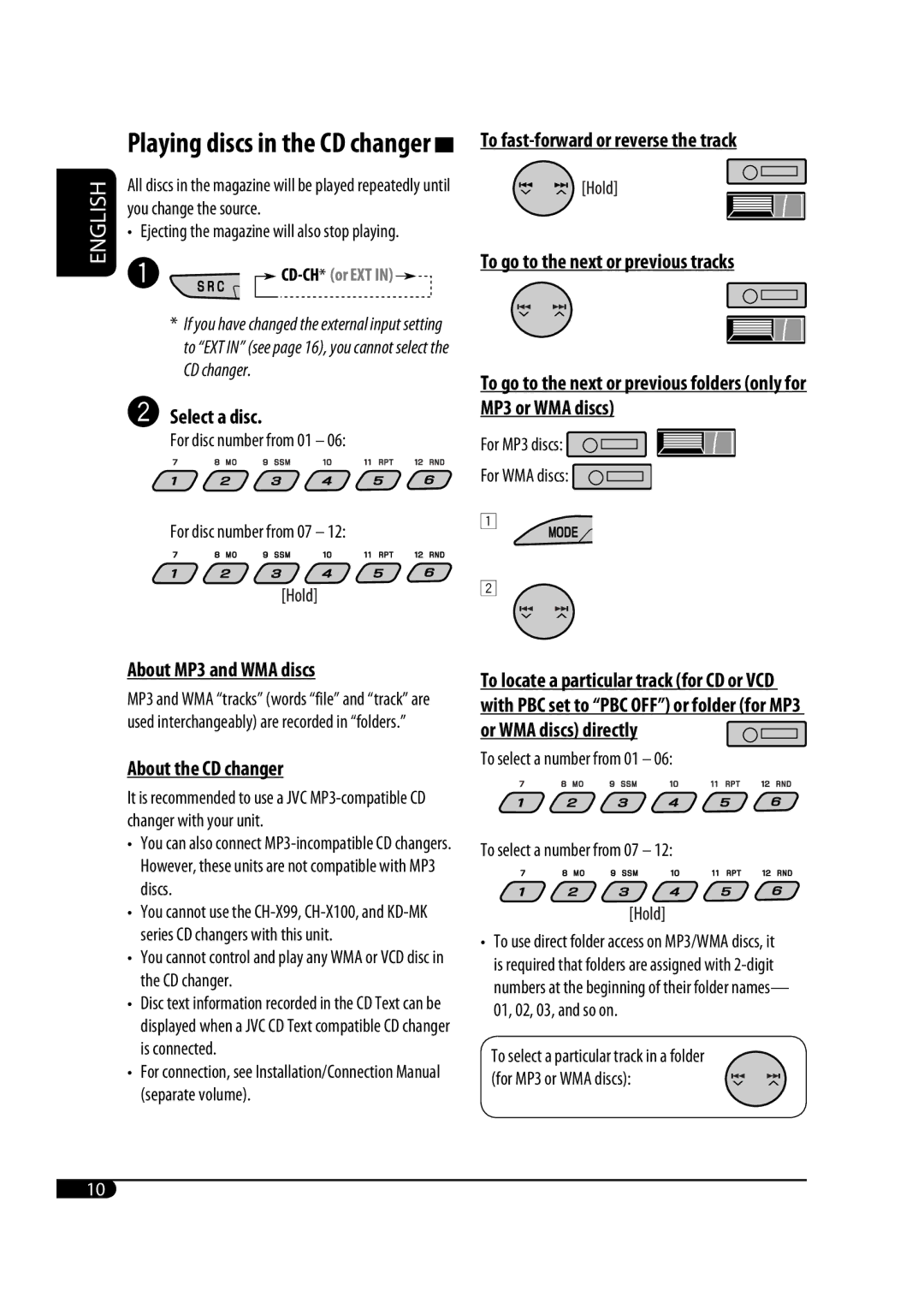 JVC GET0471-001A manual Playing discs in the CD changer, Select a disc, About MP3 and WMA discs, About the CD changer 