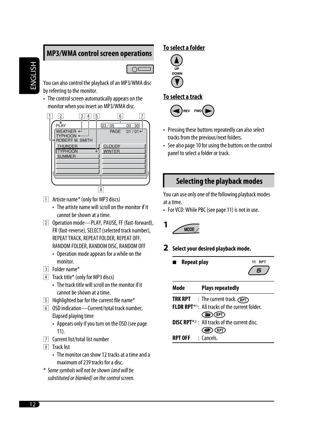 JVC GET0471-001A To select a folder To select a track, Selecting the playback modes, MP3/WMA control screen operations 