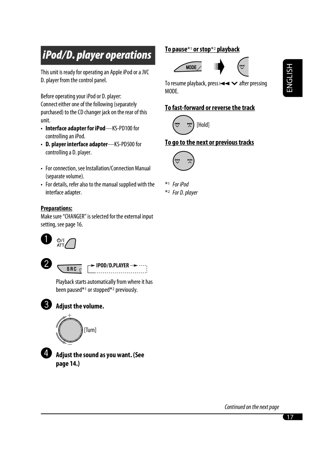 JVC GET0471-001A manual To pause*1 or stop*2 playback, Adjust the volume ⁄ Adjust the sound as you want. See, Preparations 