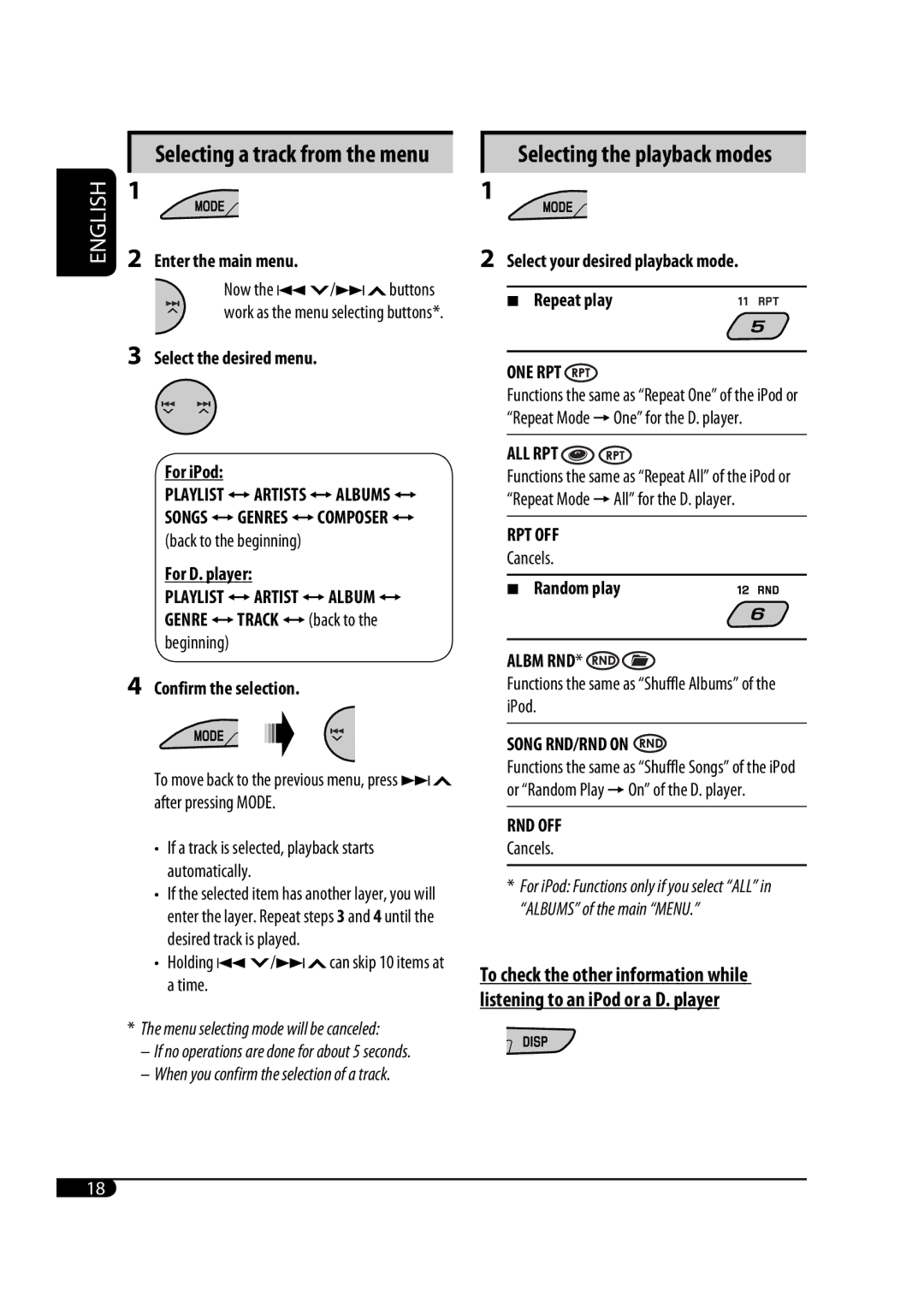 JVC GET0471-001A Selecting a track from the menu, Select the desired menu For iPod, For D. player, Genre Ôtrack Ôback to 