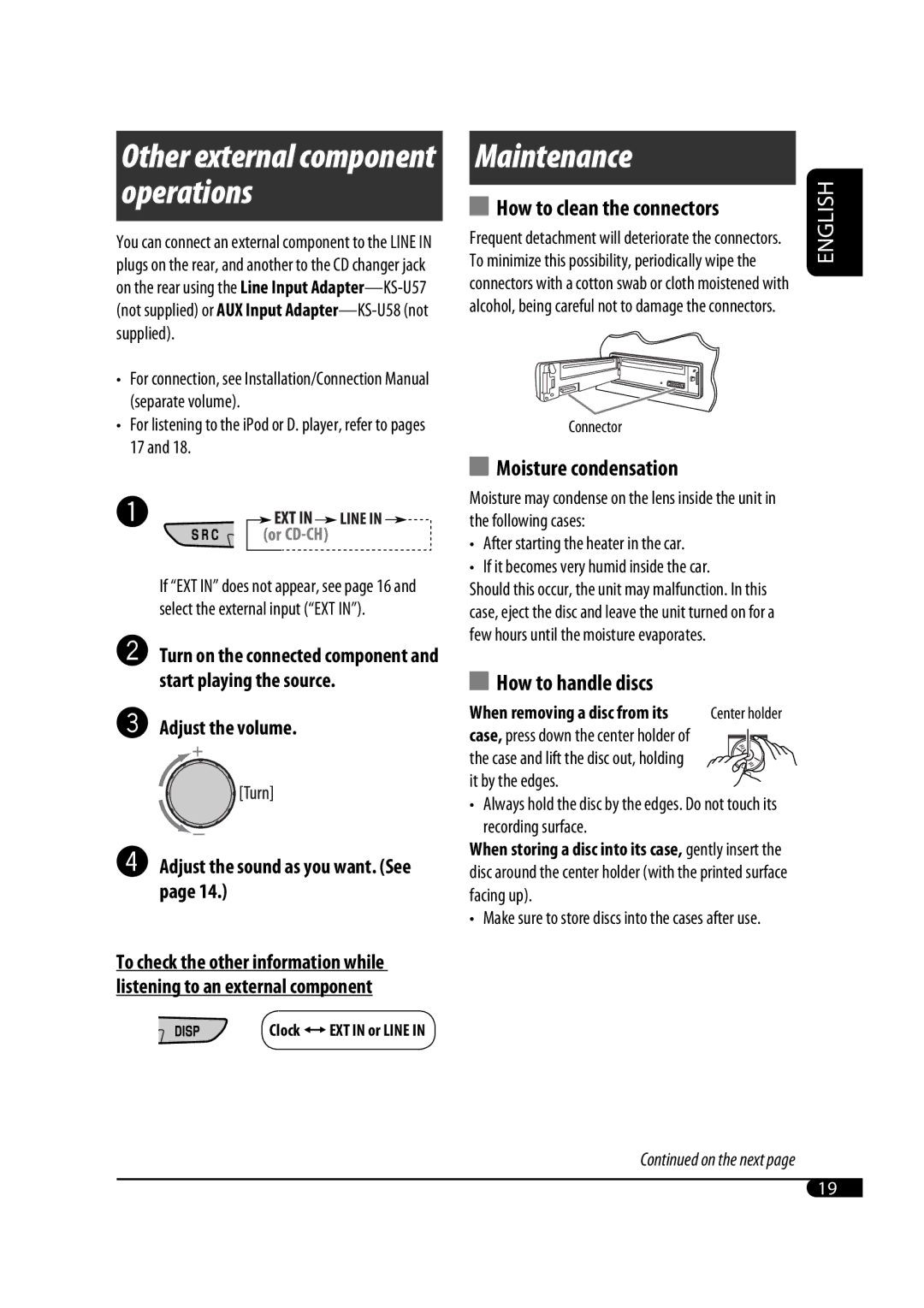 JVC GET0471-001A manual Maintenance, Moisture condensation, How to handle discs, How to clean the connectors 