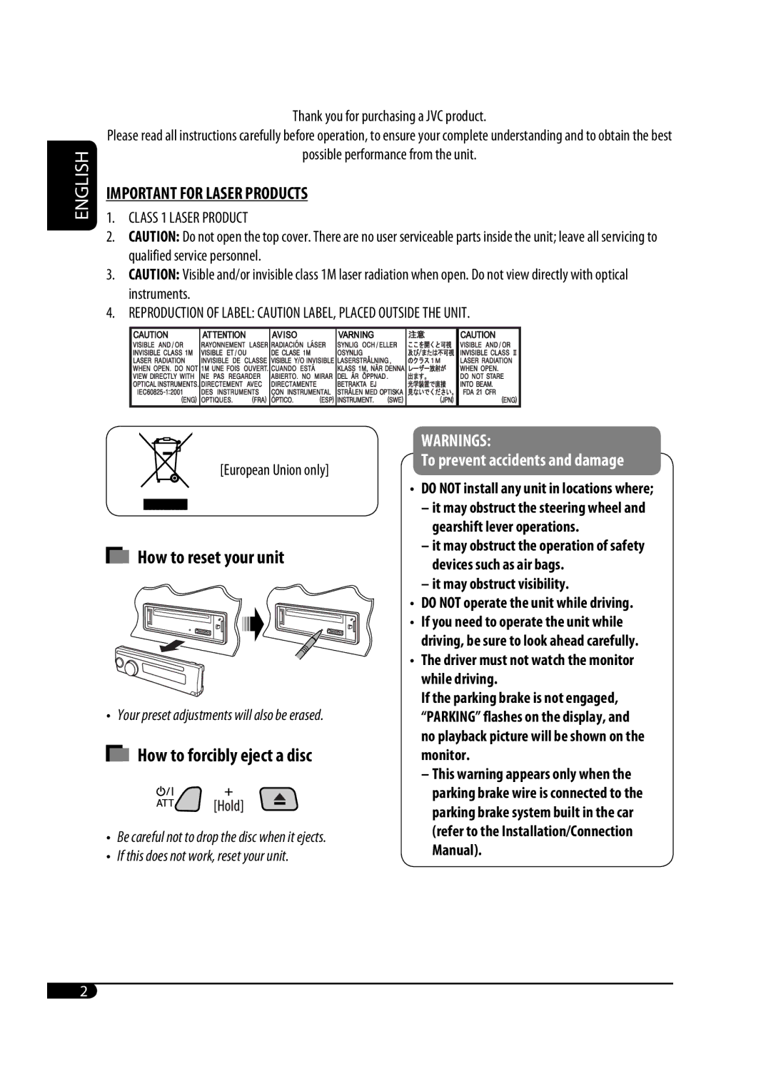 JVC GET0471-001A How to reset your unit, How to forcibly eject a disc, Driver must not watch the monitor while driving 