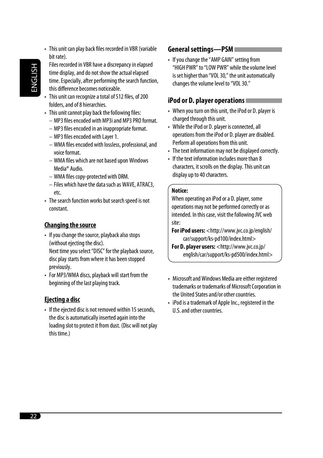 JVC GET0471-001A manual Changing the source, Ejecting a disc, General settings-PSM, MP3 files encoded with Layer 