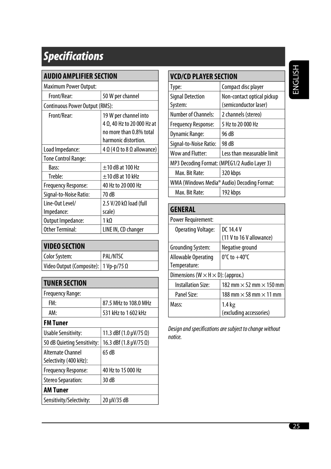 JVC GET0471-001A manual Specifications, FM Tuner, AM Tuner 