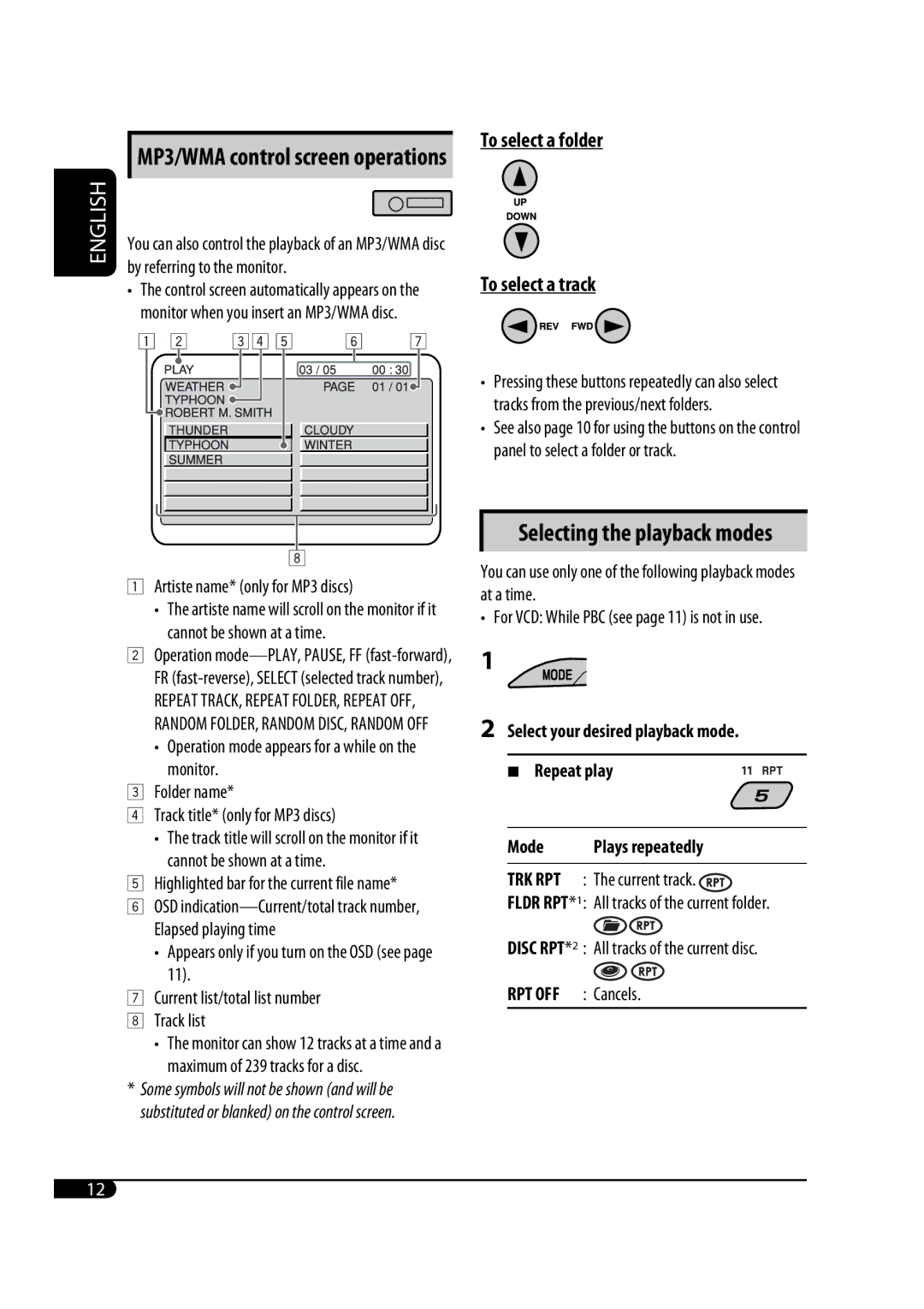 JVC GET0471-001A manual Selecting the playback modes, MP3/WMA control screen operations 