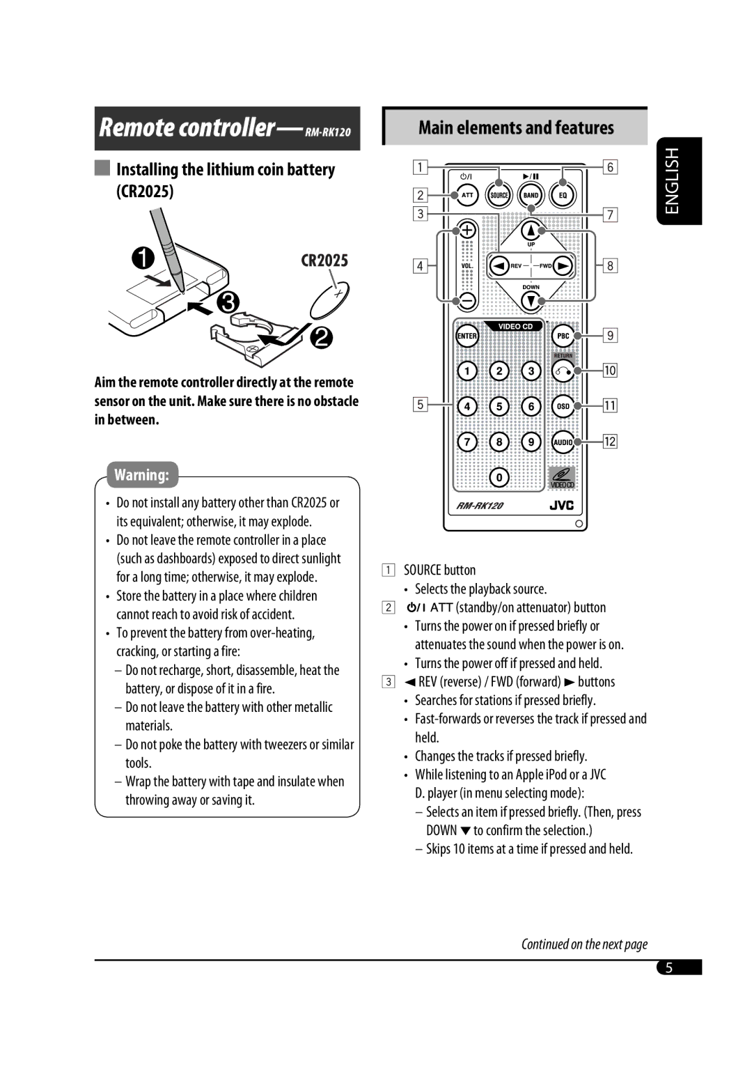 JVC GET0471-001A manual Main elements and features, Installing the lithium coin battery CR2025 