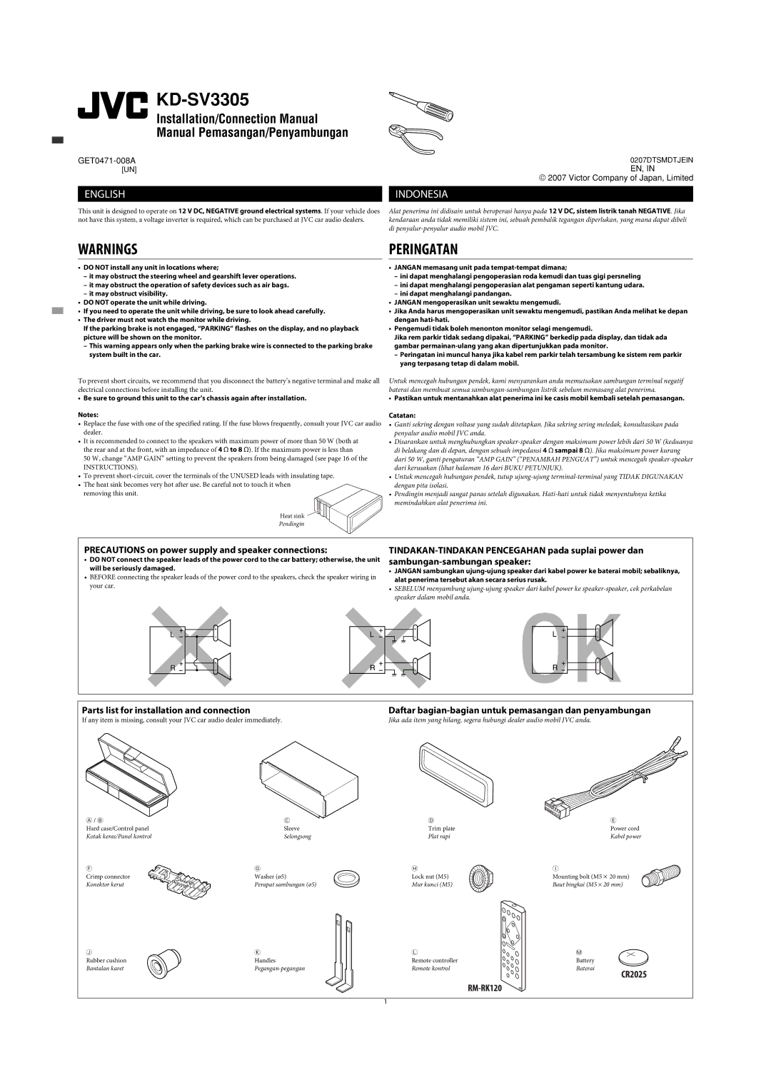 JVC GET0471-001A manual Indonesia, Daftar bagian-bagian untuk pemasangan dan penyambungan 