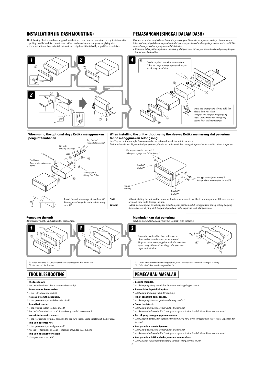 JVC GET0471-001A manual Pemasangan BINGKAI-DALAM Dash, Memindahkan alat penerima 