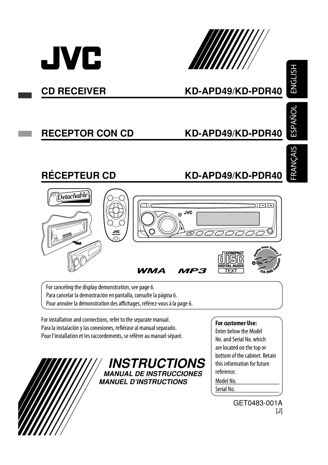 JVC manual For customer Use, Model No Serial No GET0483-001A 