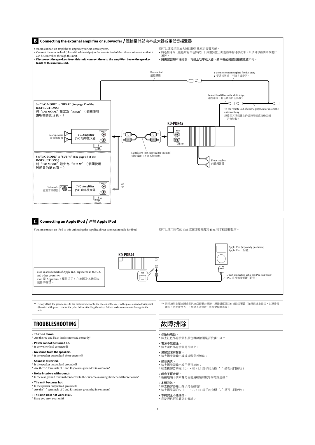 JVC GET0483-001A manual Connecting an Apple iPod / 連接 Apple iPod, Leads of this unit unused 