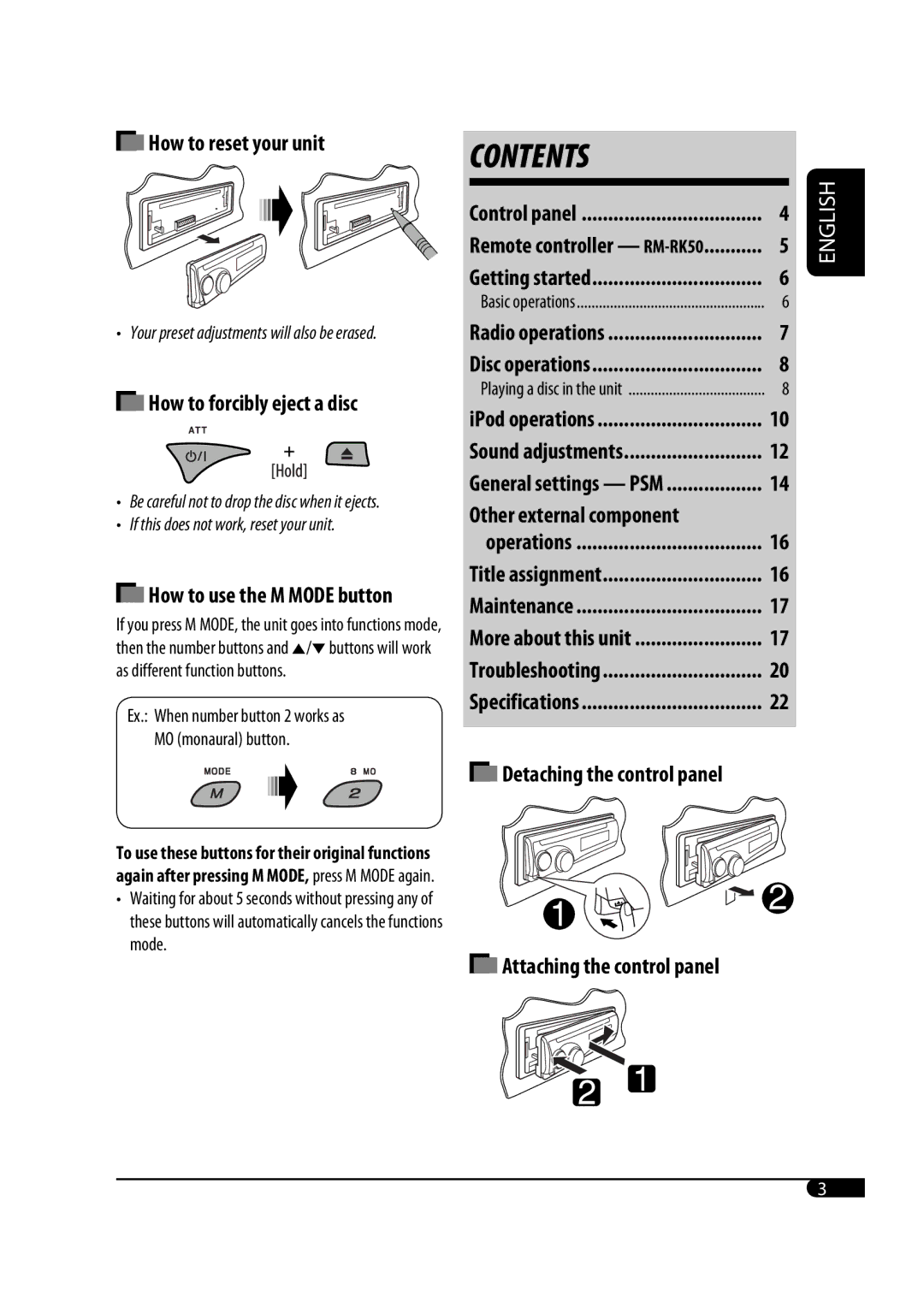 JVC GET0483-001A manual How to reset your unit, Detaching the control panel 