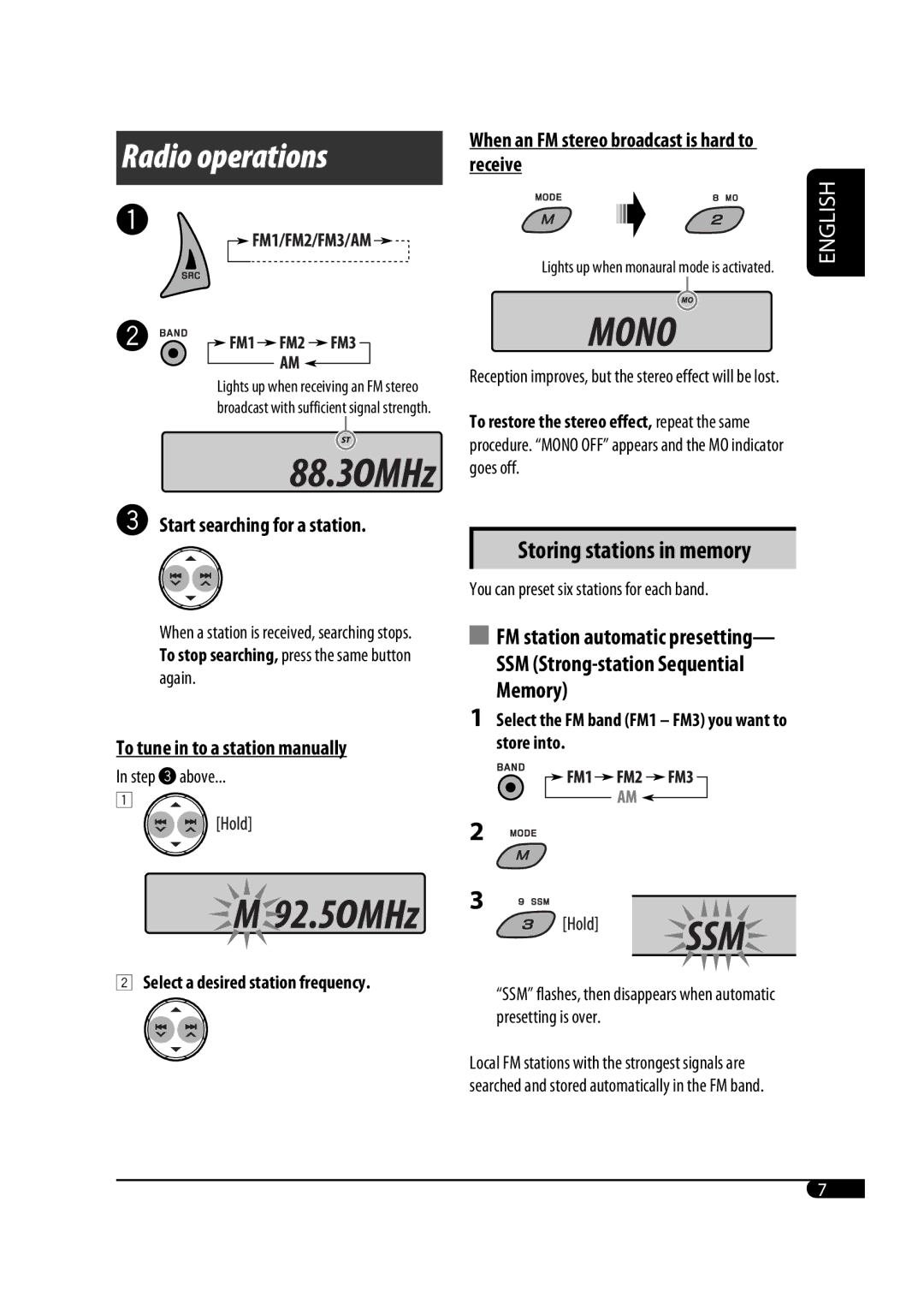 JVC GET0483-001A manual Radio operations, When an FM stereo broadcast is hard to receive 