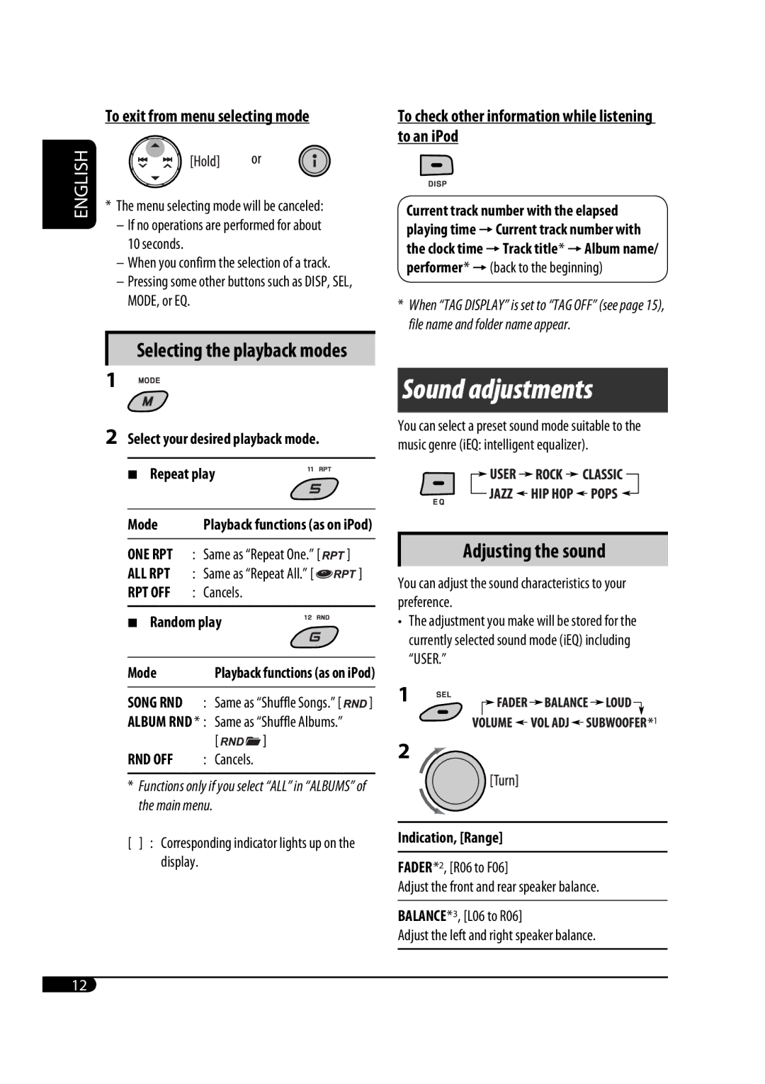 JVC GET0483-001A manual Sound adjustments, To check other information while listening to an iPod, Indication, Range 