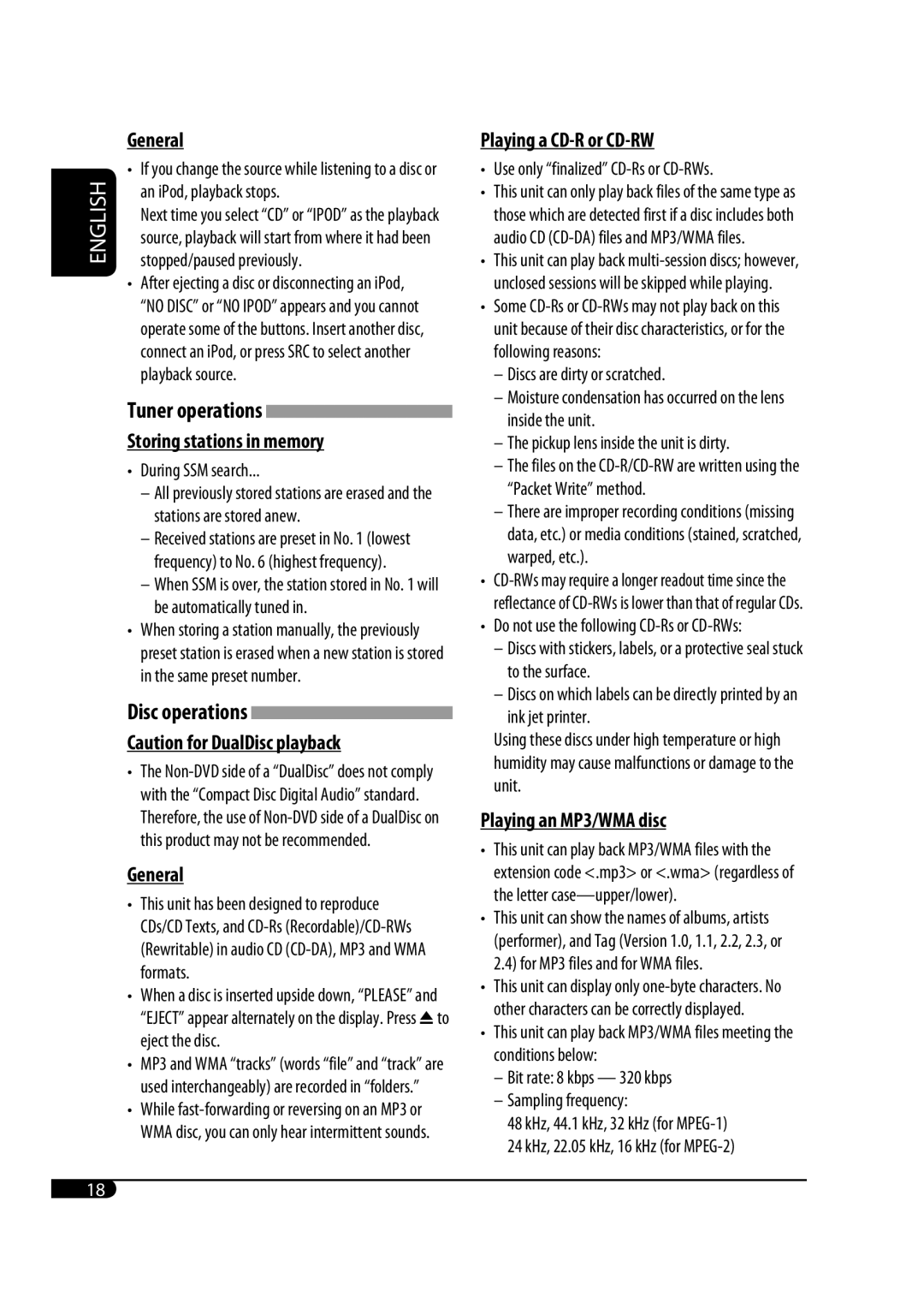 JVC GET0483-001A manual General, Storing stations in memory, Playing a CD-R or CD-RW, Playing an MP3/WMA disc 