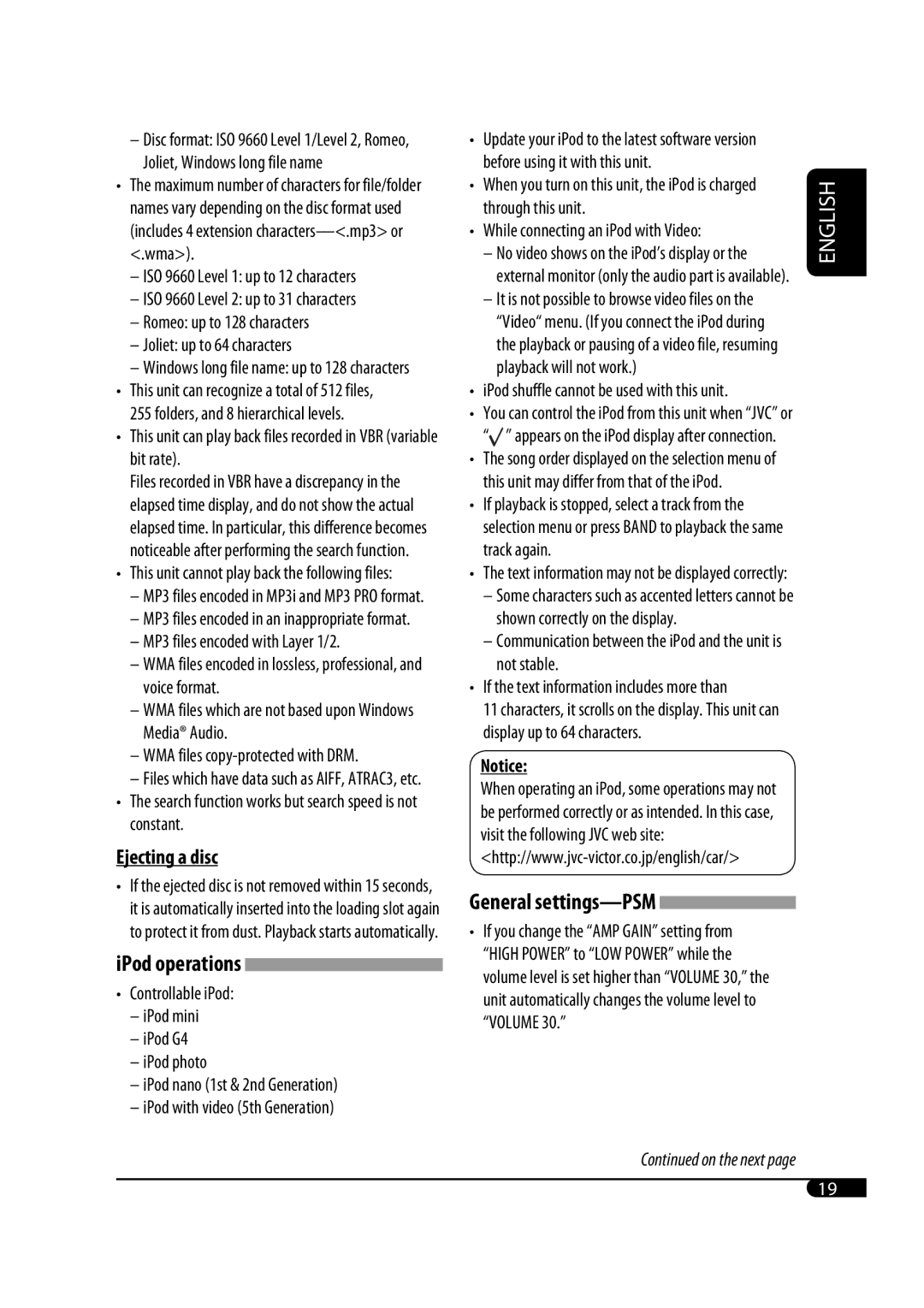 JVC GET0483-001A manual General settings-PSM, Ejecting a disc, IPod operations 