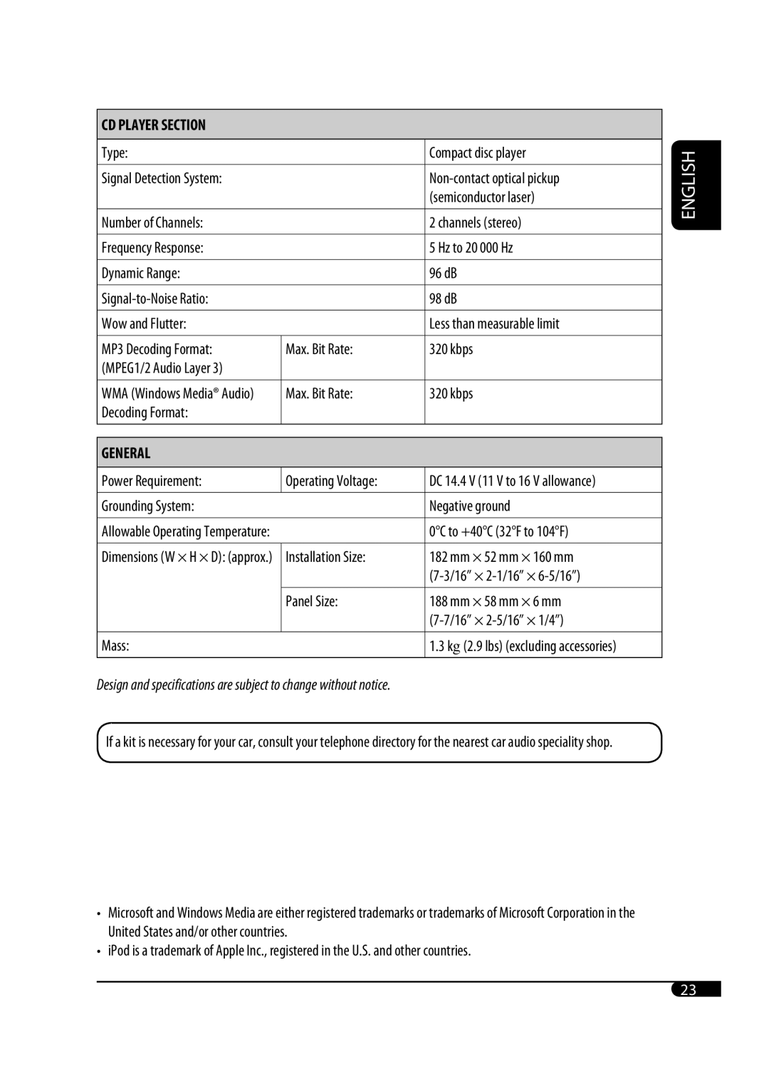 JVC GET0483-001A manual Type Compact disc player, Non-contact optical pickup, Semiconductor laser, 0C to +40C 32F to 104F 