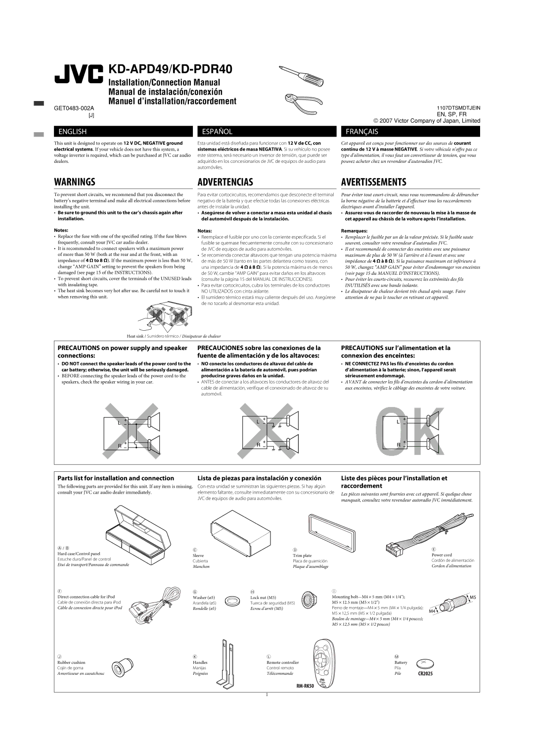 JVC GET0483-001A manual Precautions on power supply and speaker connections, Parts list for installation and connection 