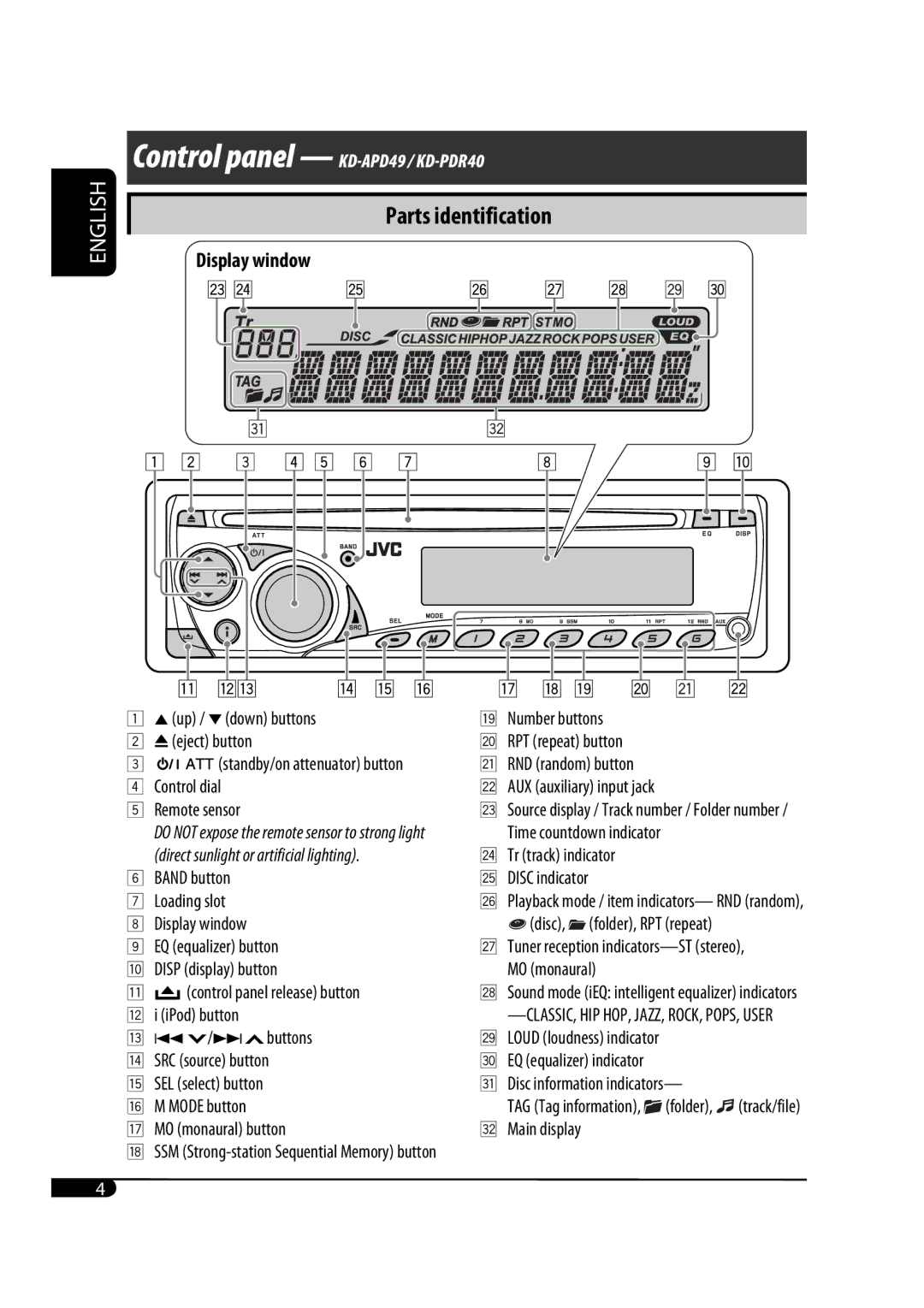 JVC GET0483-001A Band button Loading slot Display window, ¢ buttons r SRC source button, AUX auxiliary input jack 