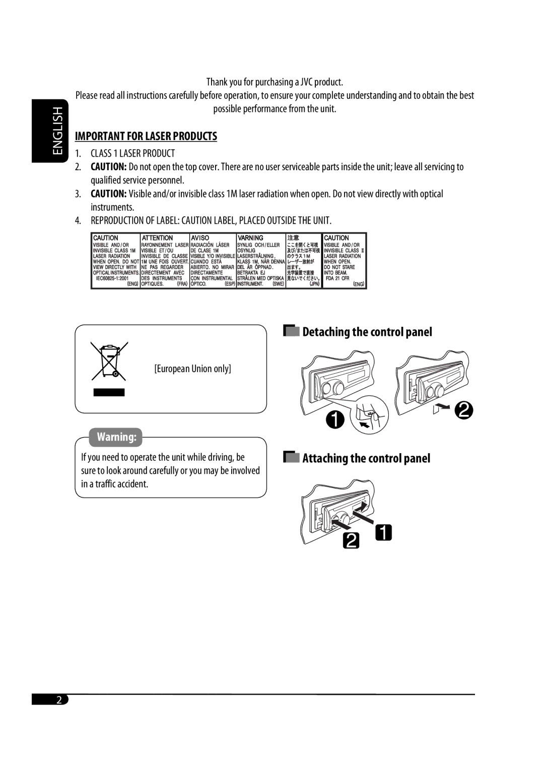 JVC GET0483-001A manual Detaching the control panel 