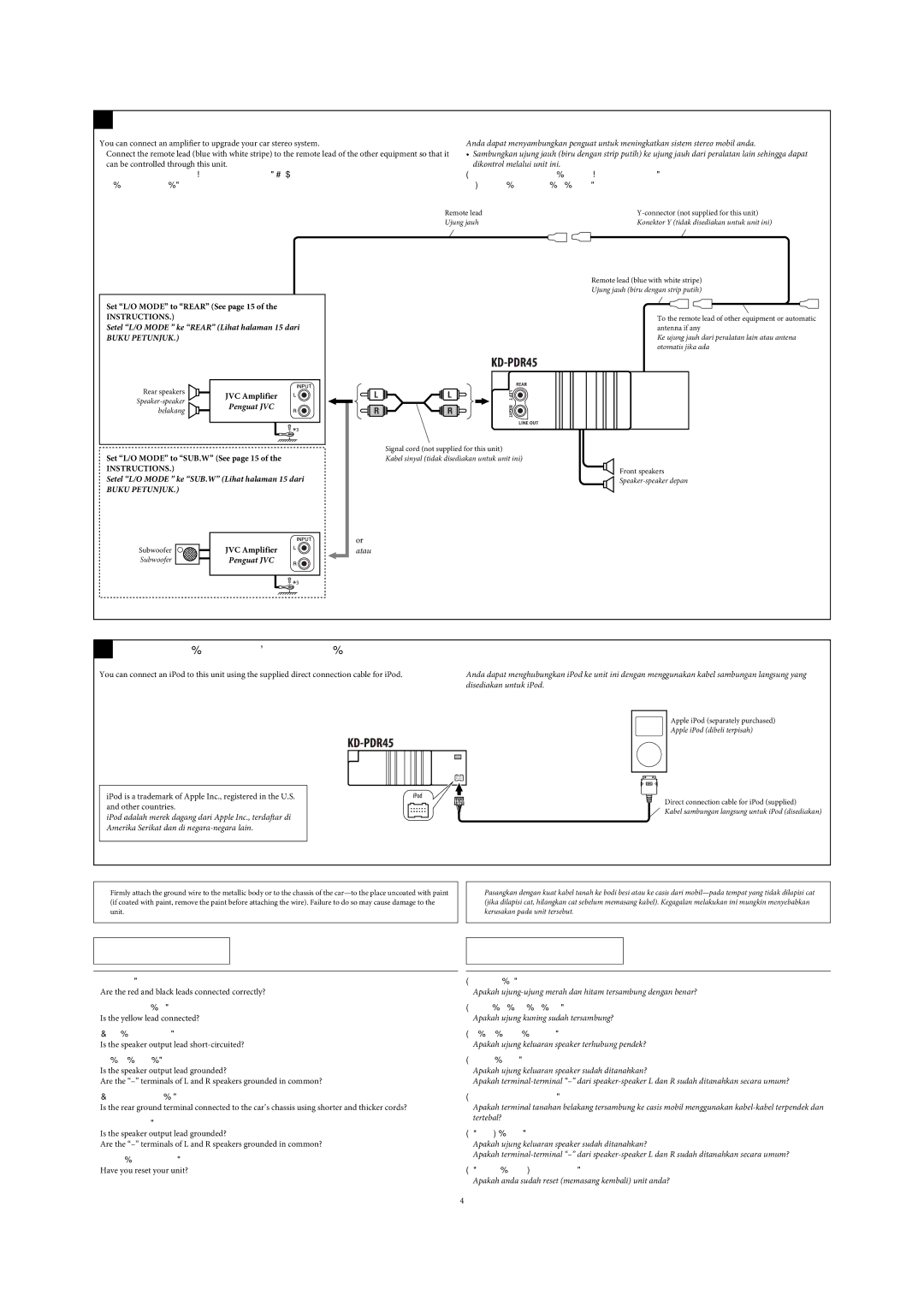 JVC GET0483-001A manual Connecting an Apple iPod / Menghubungkan Apple iPod, Buku Petunjuk 