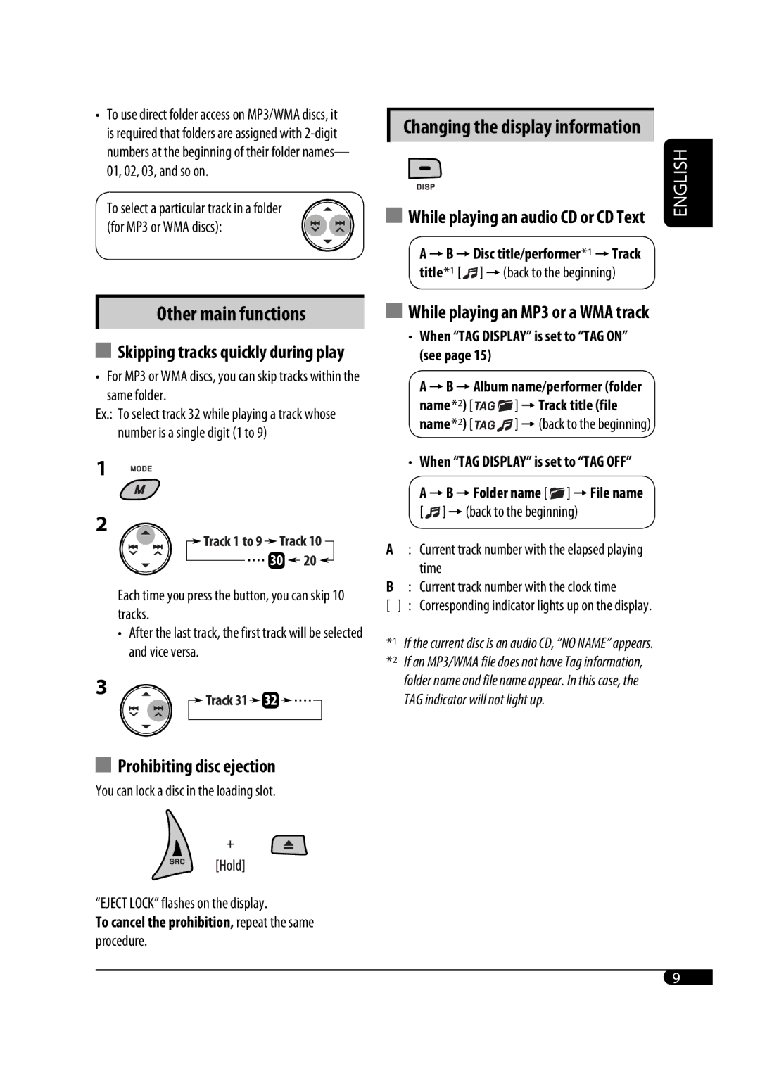 JVC GET0483-001A manual Prohibiting disc ejection, Changing the display information, Skipping tracks quickly during play 