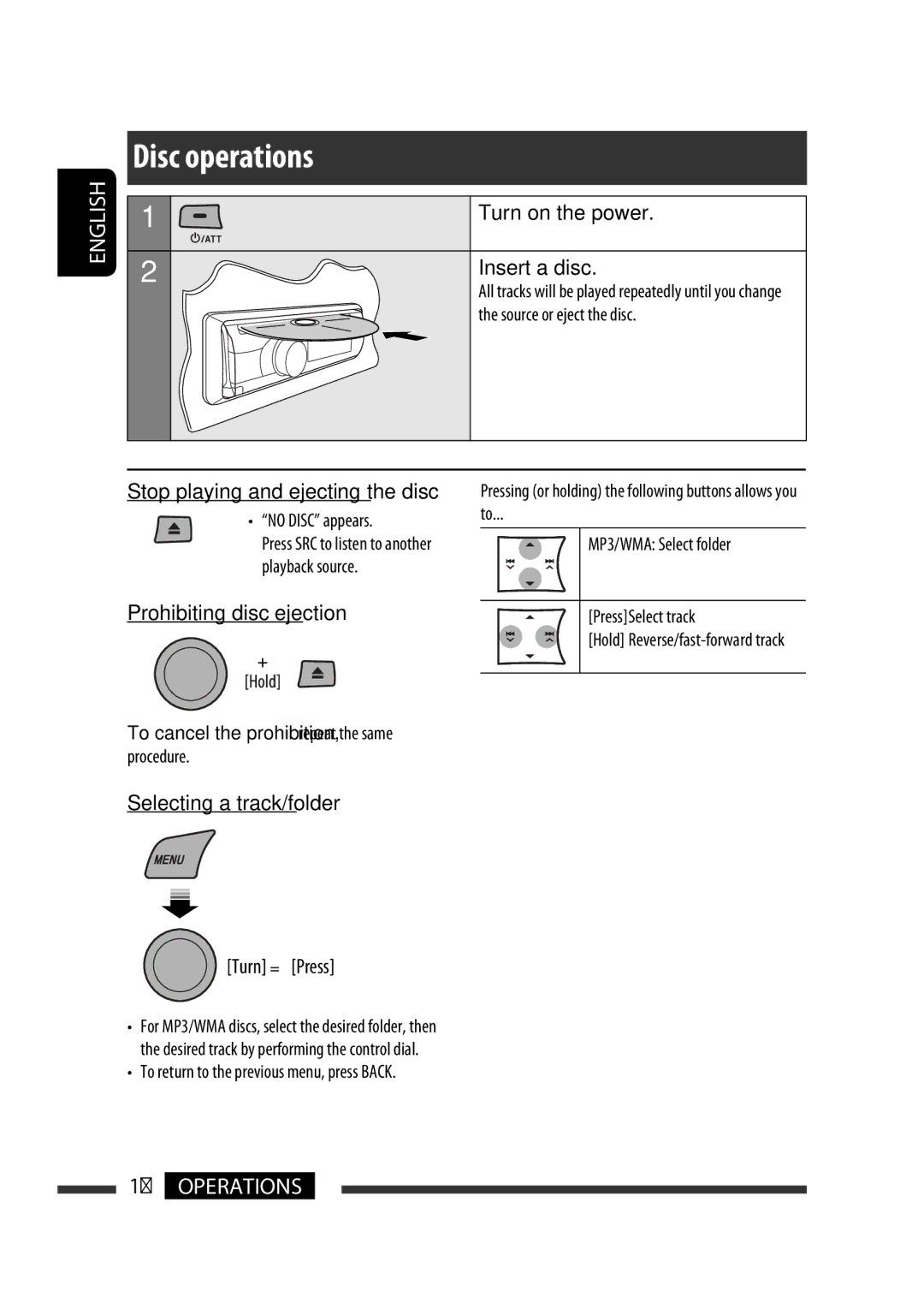 JVC GET0568-013A Disc operations, Turn on the power Insert a disc, Prohibiting disc ejection, Selecting a track/folder 