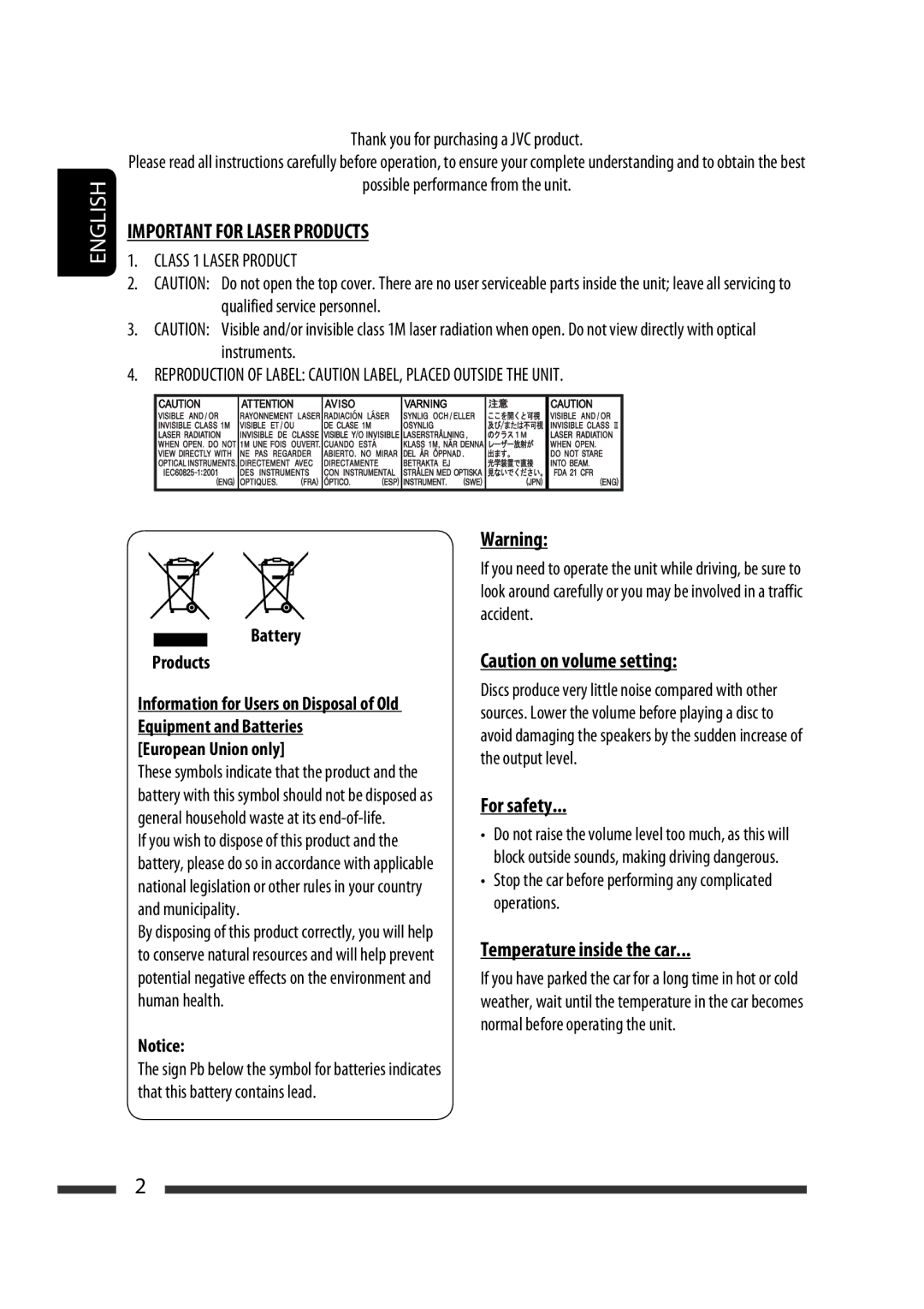 JVC GET0568-013A, GET0564-009A, GET0564-006A For safety, Temperature inside the car, Battery Products, European Union only 