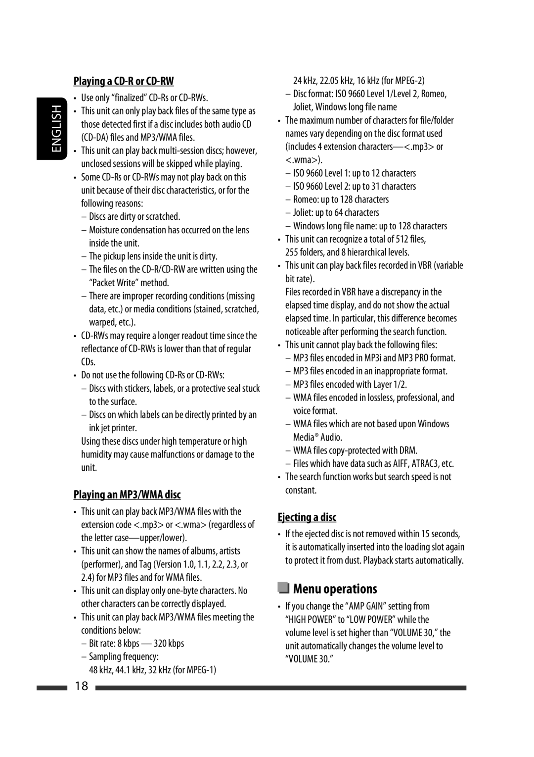 JVC GET0568-010A manual Ink jet printer, Bit rate 8 kbps 320 kbps Sampling frequency, Pickup lens inside the unit is dirty 