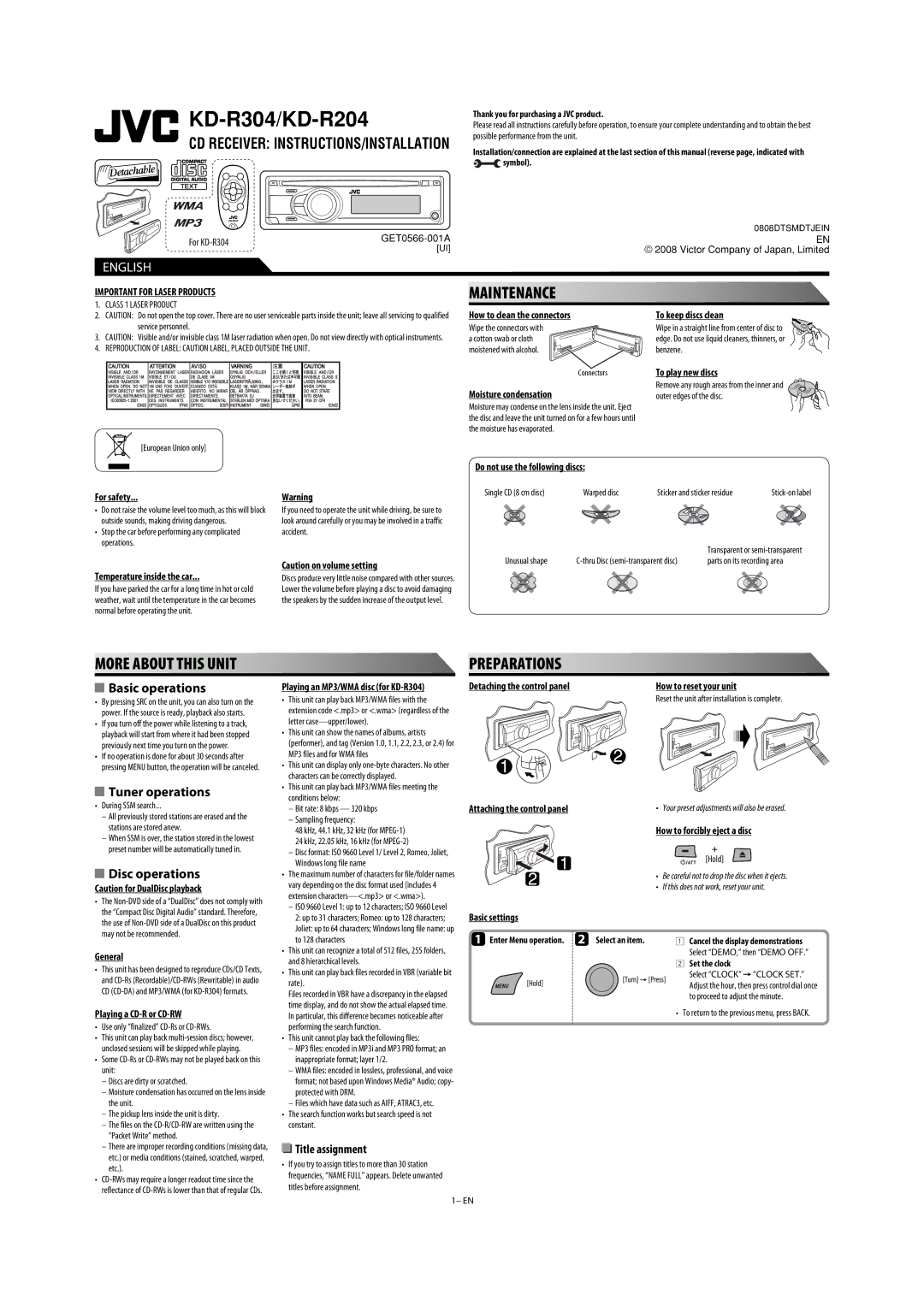 JVC KD-R33, GET0564-009A manual How to clean the connectors, Moisture condensation, To keep discs clean, To play new discs 