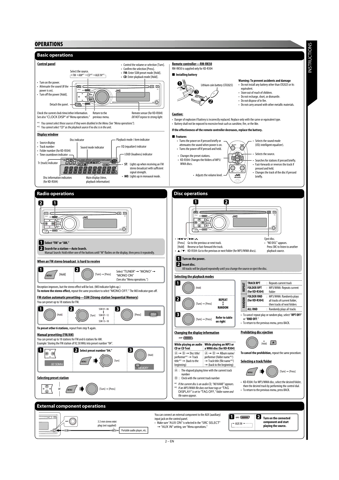 JVC GET0564-009A, GET0564-006A Control panel, Remote controller-RM-RK50, When an FM stereo broadcast is hard to receive 