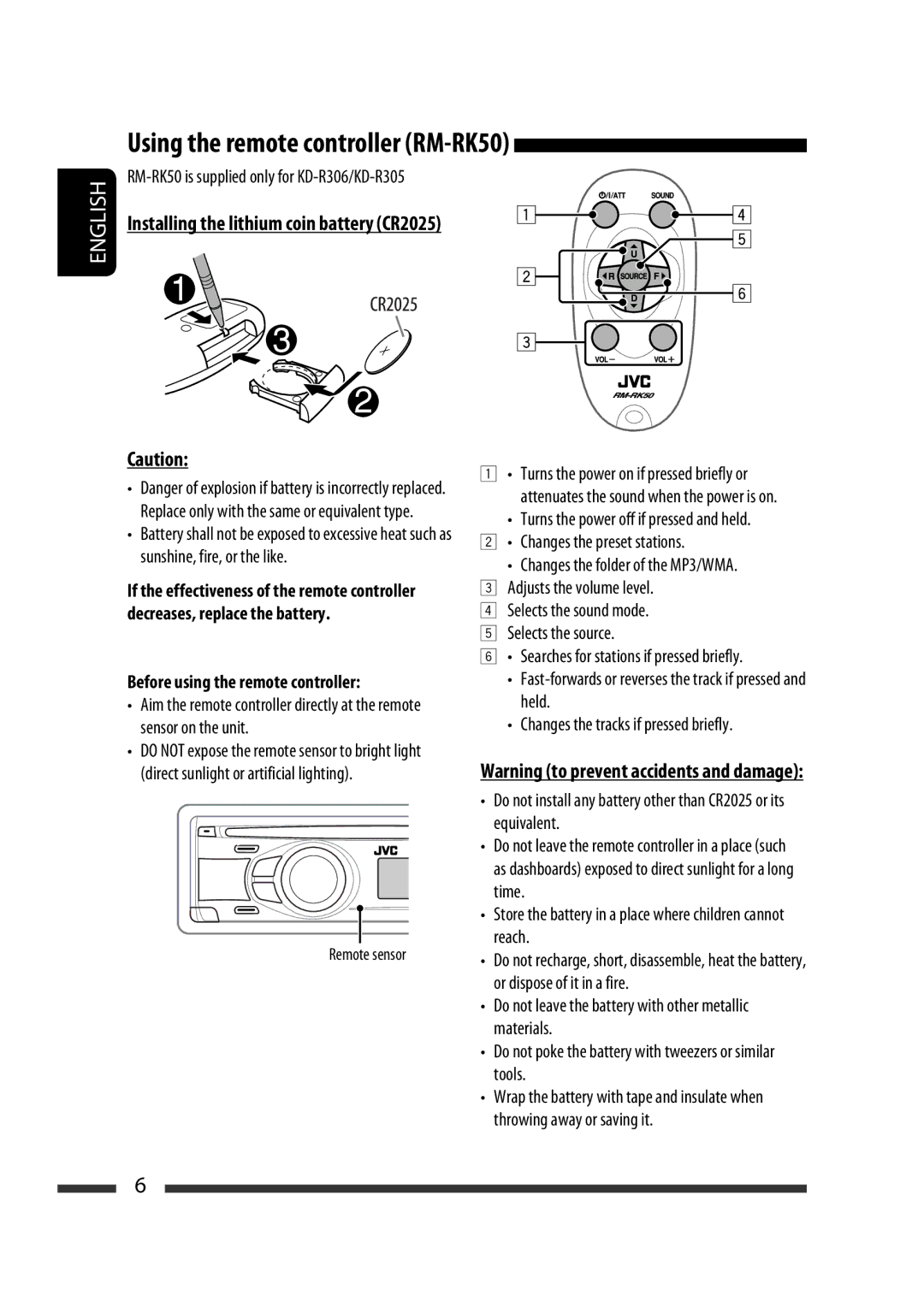 JVC GET0564-009A, GET0564-006A, KD-R33 manual Using the remote controller RM-RK50, Installing the lithium coin battery CR2025 