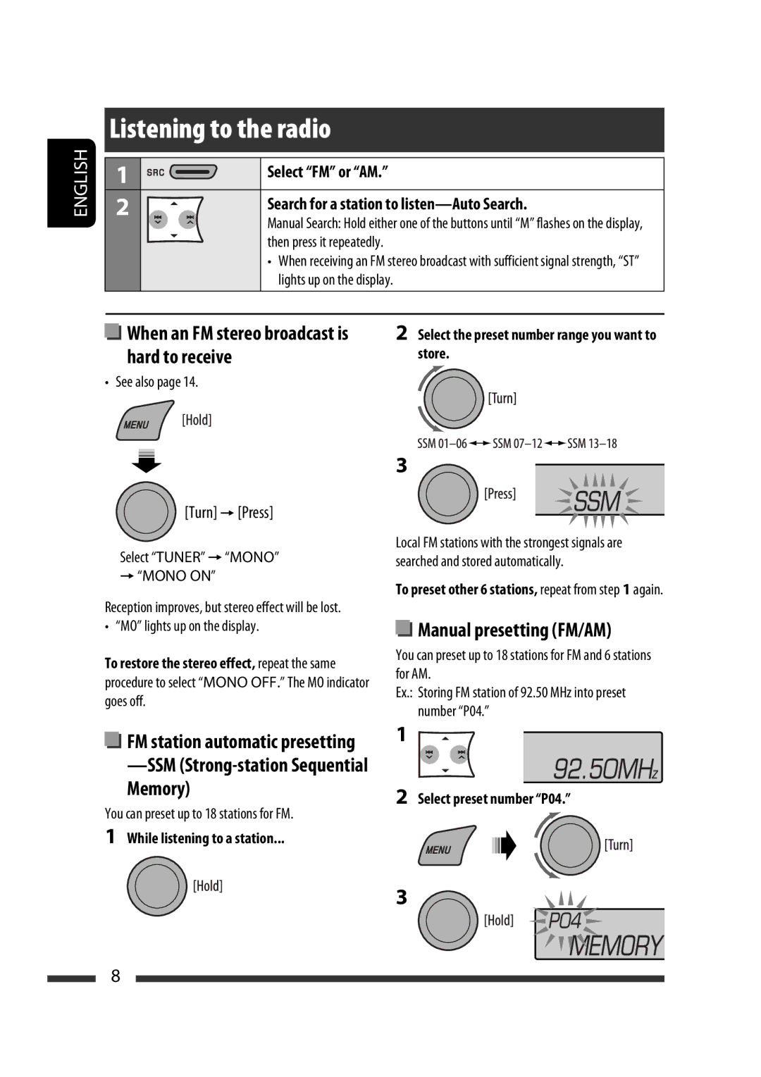 JVC GET0568-013A, GET0564-009A, KD-R33 Select preset number P04, Ex. Storing FM station of 92.50 MHz into preset number P04 