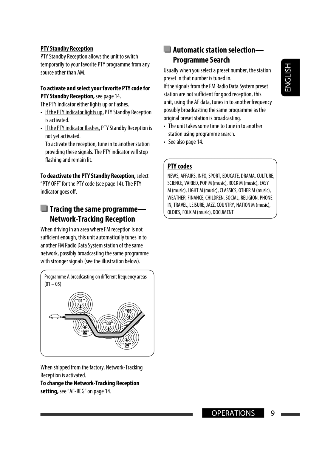 JVC GET0564-006A, GET0564-009A, GET0568-013A, GET0564-010A, KD-R33 PTY codes, PTY Standby Reception, Setting, see AF-REG on 