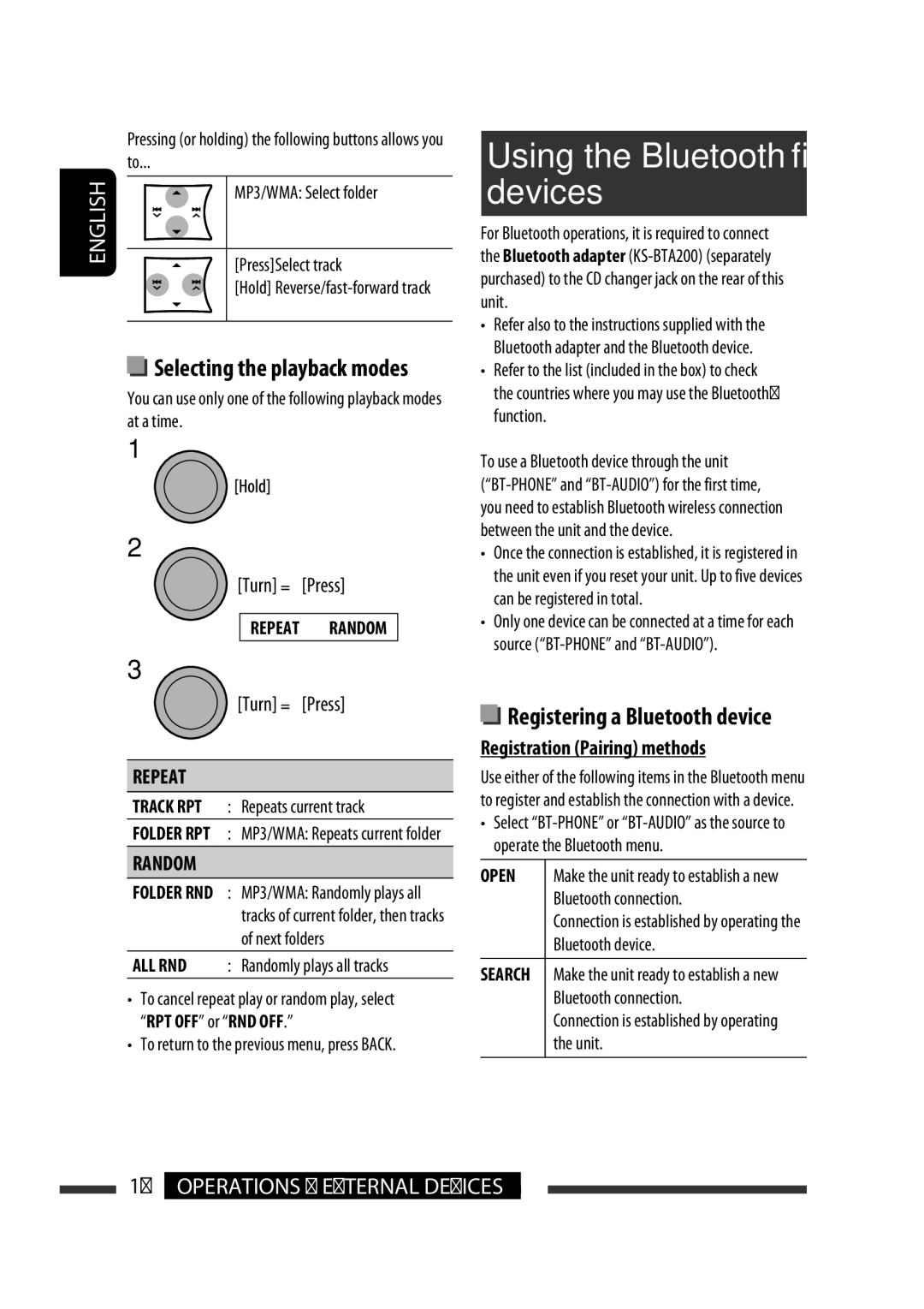 JVC GET0570-001A manual Selecting the playback modes, Registering a Bluetooth device Registration Pairing methods, Open 