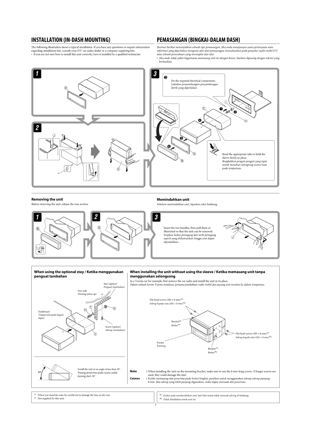 JVC GET0570-001A manual Pemasangan BINGKAI-DALAM Dash, Memindahkan unit 