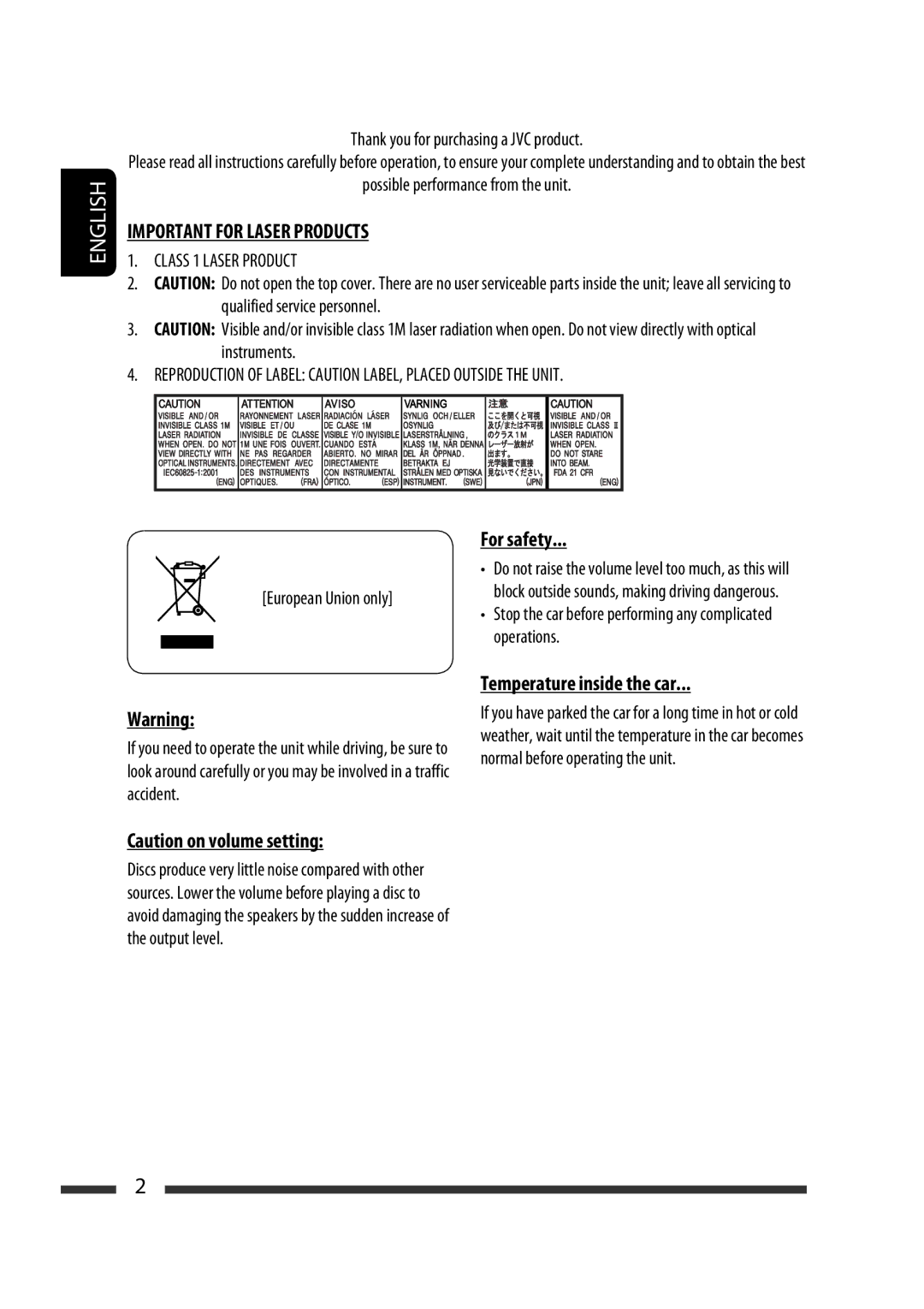 JVC GET0570-001A manual Important for Laser Products 