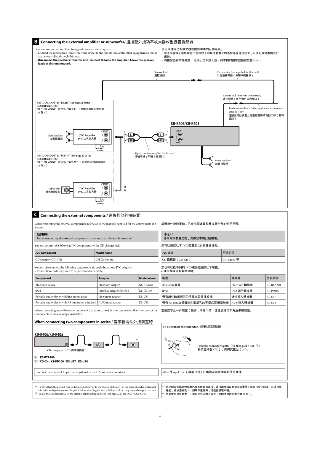 JVC GET0570-001A Connecting the external components / 連接其他外接裝置, When connecting two components in series / 當串聯兩件外接裝置時 