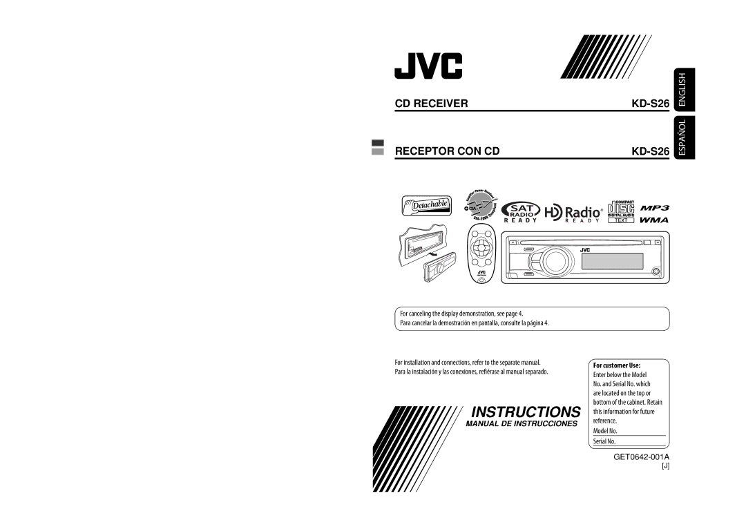 JVC GET0570-001A manual For canceling the display demonstration, see, Model No Serial No GET0642-001A 