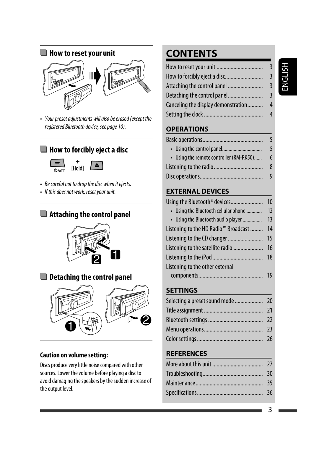 JVC GET0570-001A manual Attaching the control panel Detaching the control panel 