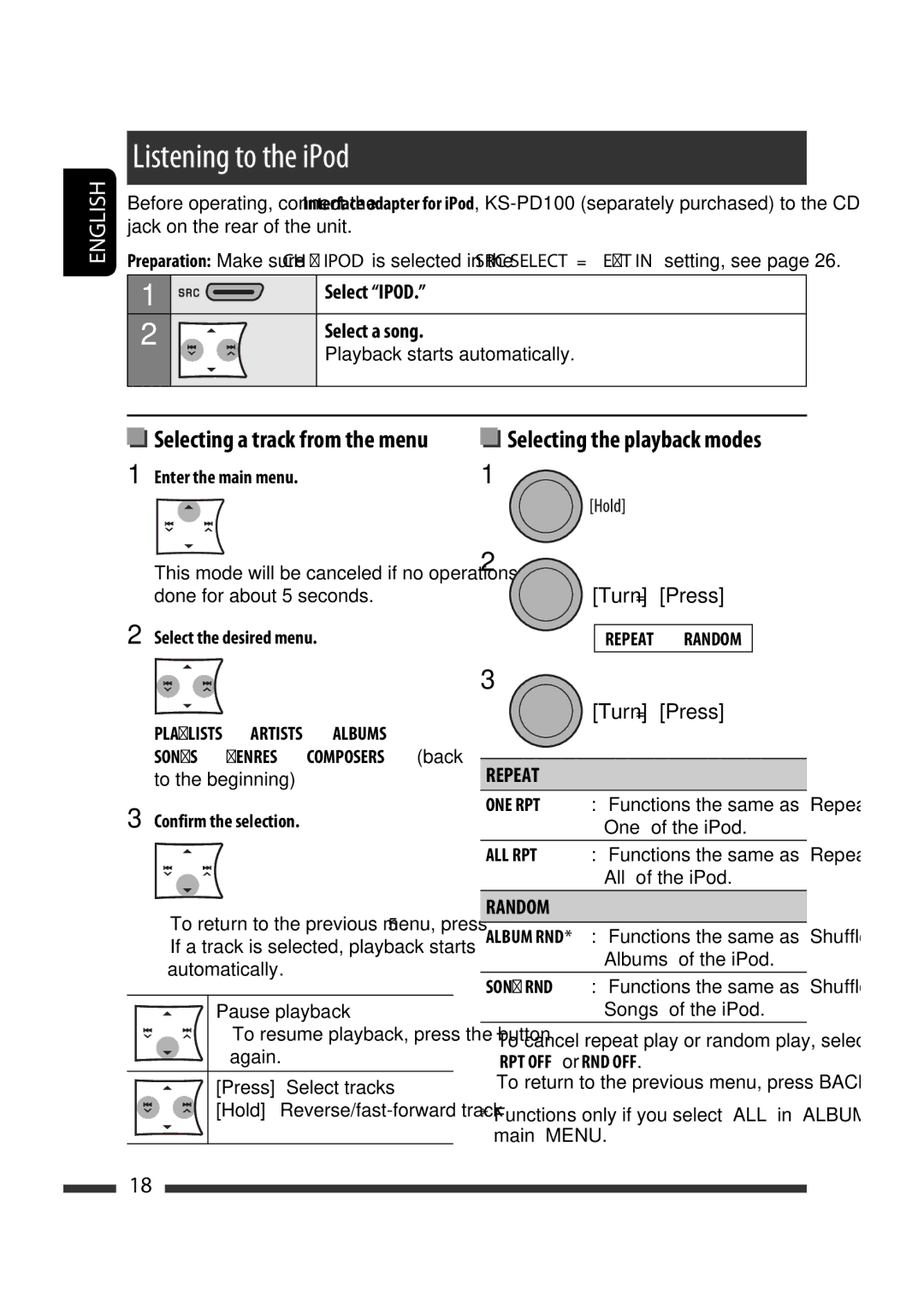 JVC GET0570-001A manual Listening to the iPod 